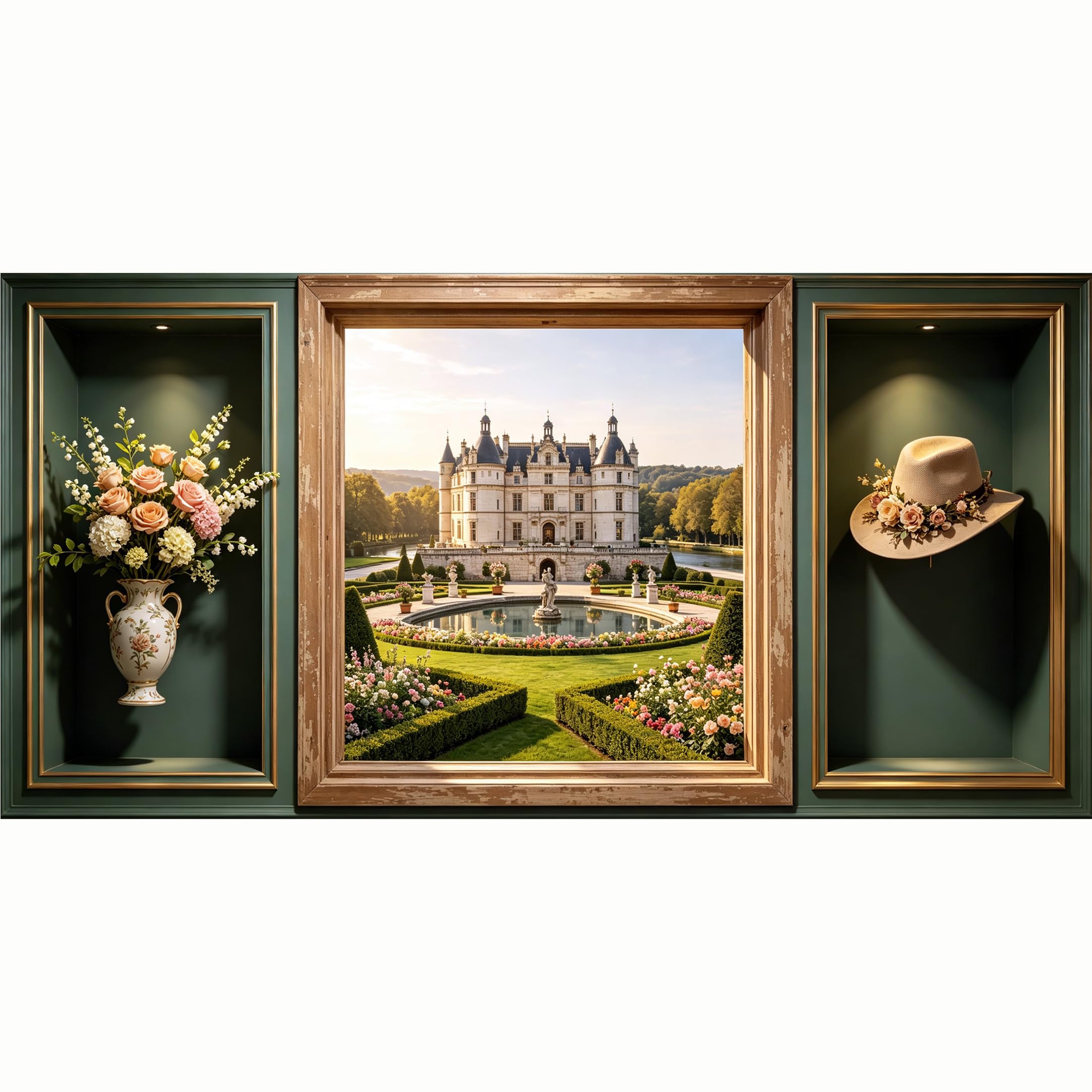 QZLITHOTIC 50x100cm 3D Framed Wall Art， French Chateau Landscape Garden Self‑Adhesive Mural， Water‑Activated Peel & Stick Fabric Decor Wall Decal for Bedroom Living Room