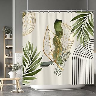 Baocicco Boho Shower Curtain Green Gold Leaves Modern Abstract Geometric Minimalist Shower Curtains Decorative for Bathroom Waterproof Fabric Shower Curtain with Hooks 72x72 Inches