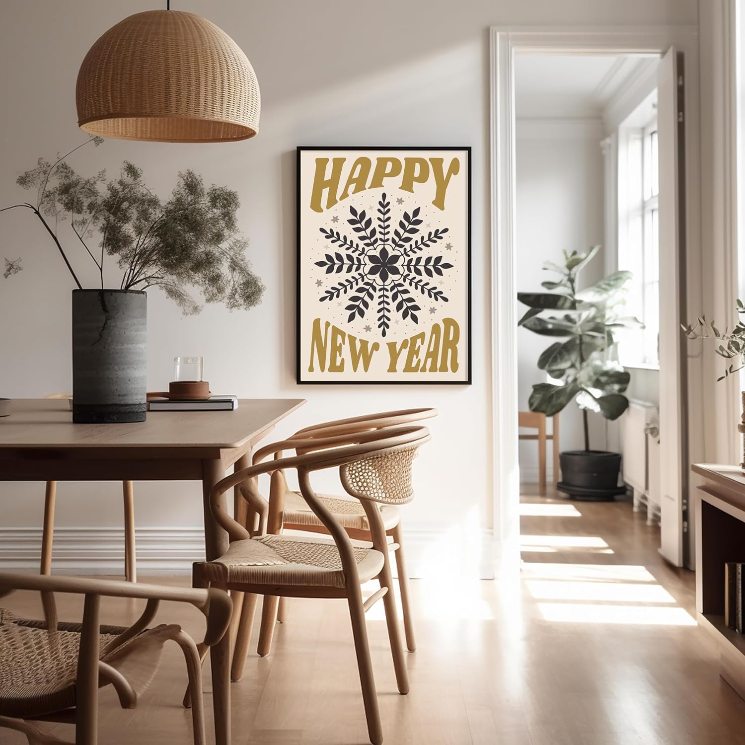 Poster Master Happy New Year Print - Ornaments Poster - Holiday Art - Trendy Wall Design - Modern Gift for Men & Women - Minimal Decor for Office, Bedroom or Living Room - 8x10 UNFRAMED Wall Art