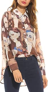 Zeagoo Women's Casual Long Sleeve Button Up Chiffon Print Asymmetrical Hem Blouse Tops Shirt - coolthings.us