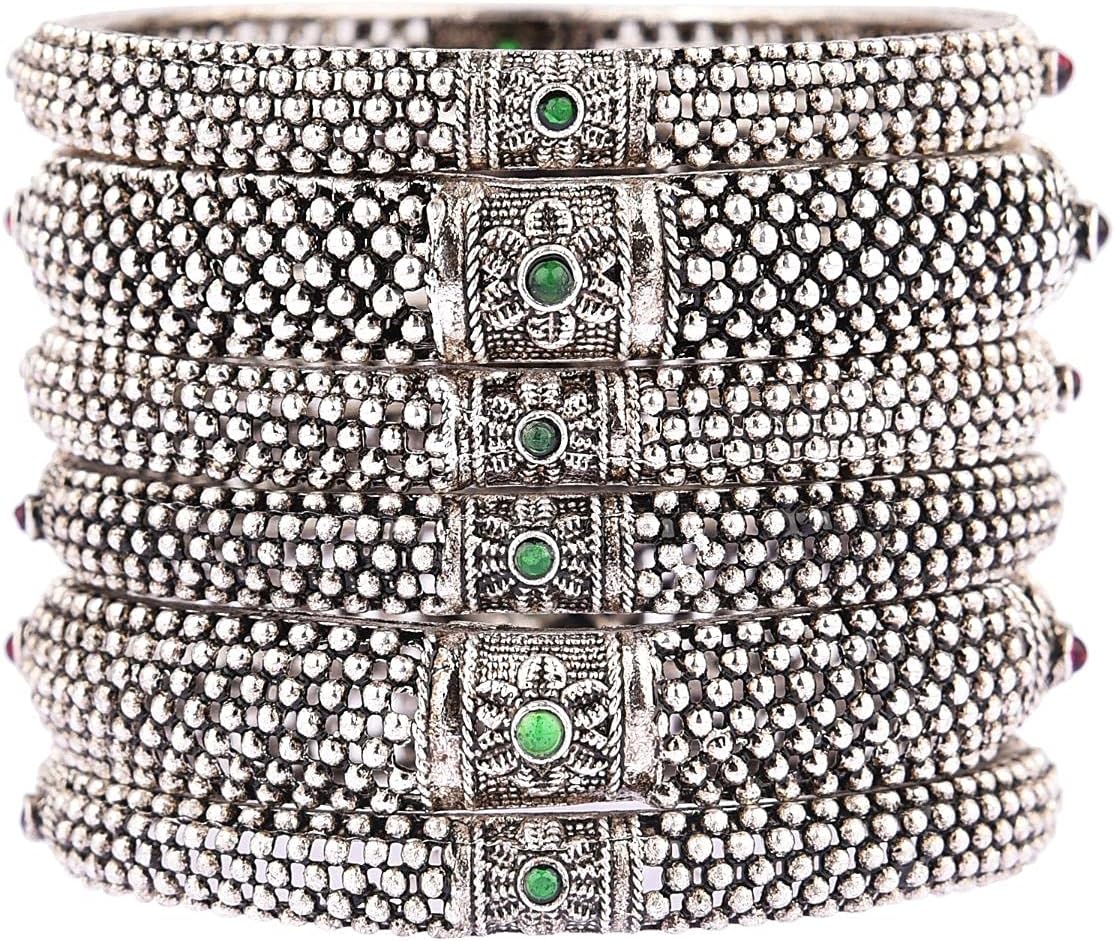 Indian Bangles for Women Oxidized Antique Bracelet Bangle Set Boho Oxidized Crystal Floral Bracelet Bangles Bollywood Wedding Fashion Jewelry (6 Pcs)