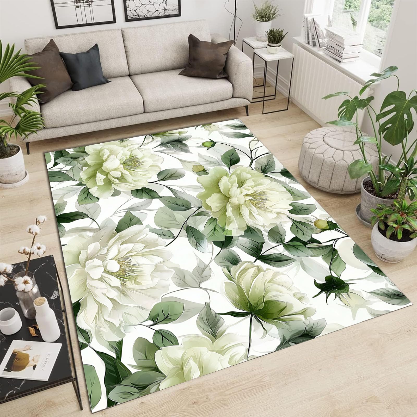 Tapis de sol pivoine aquarelle au design raffiné motif magnolia vert sauge premium