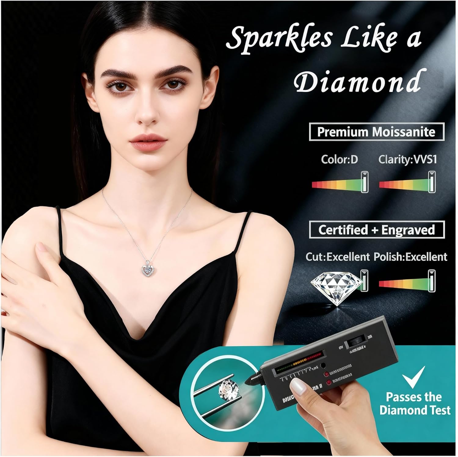 Moissanite Necklace for Women, Moissanite Heart Necklace 925 Sterling Silver Birthday Gift for Wife, Jewelry Gifts for Christmas Valentines Day-Heart - Image 4