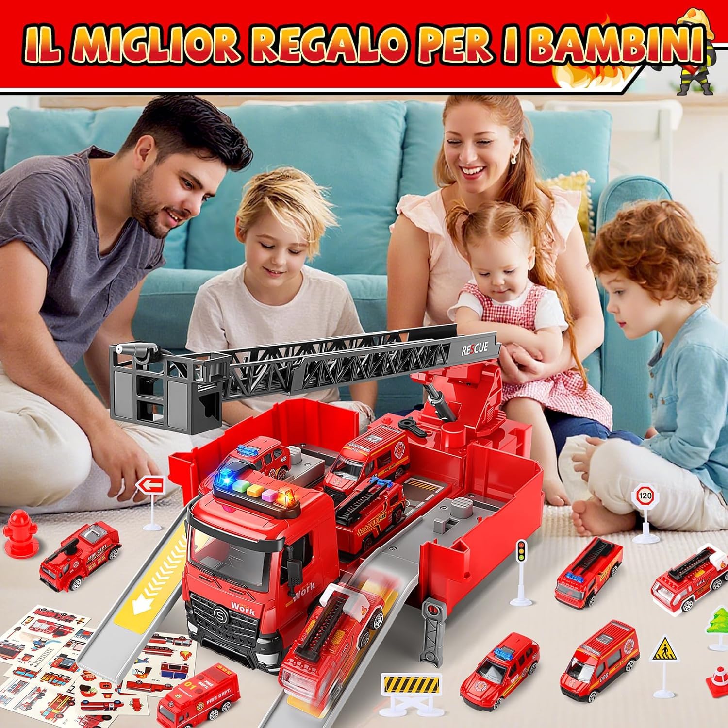 JONRRYIN Camion Pompieri Giocattolo per Bambini, Autopompa dei Vigili del Fuoco con Luci e Suoni, Pompiere Giocattoli con Irrigatore e Scala Retrattile, Regalo Antincendio Bambini 3 4 5 6 7 8 Anni