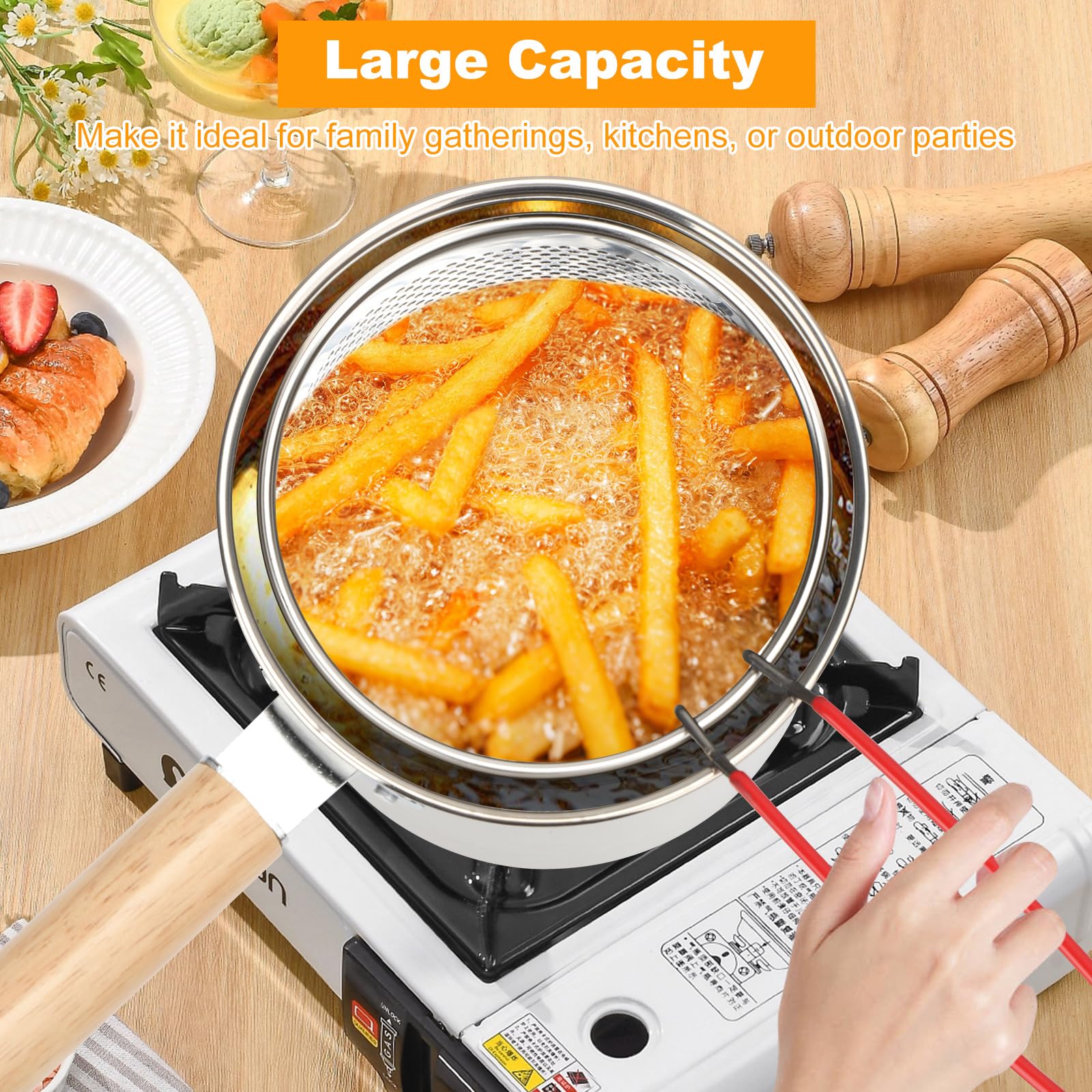 Mini Friteuse avec Panier Passoire,Pots de Filtre à Huile en Acier Inoxydable Avec Couvercle Et Clip Anti-PoussièRe, RéCipient Graissee PoignéE Pour Graisse Cuisson Frire pour Frites,Poisson (3L)