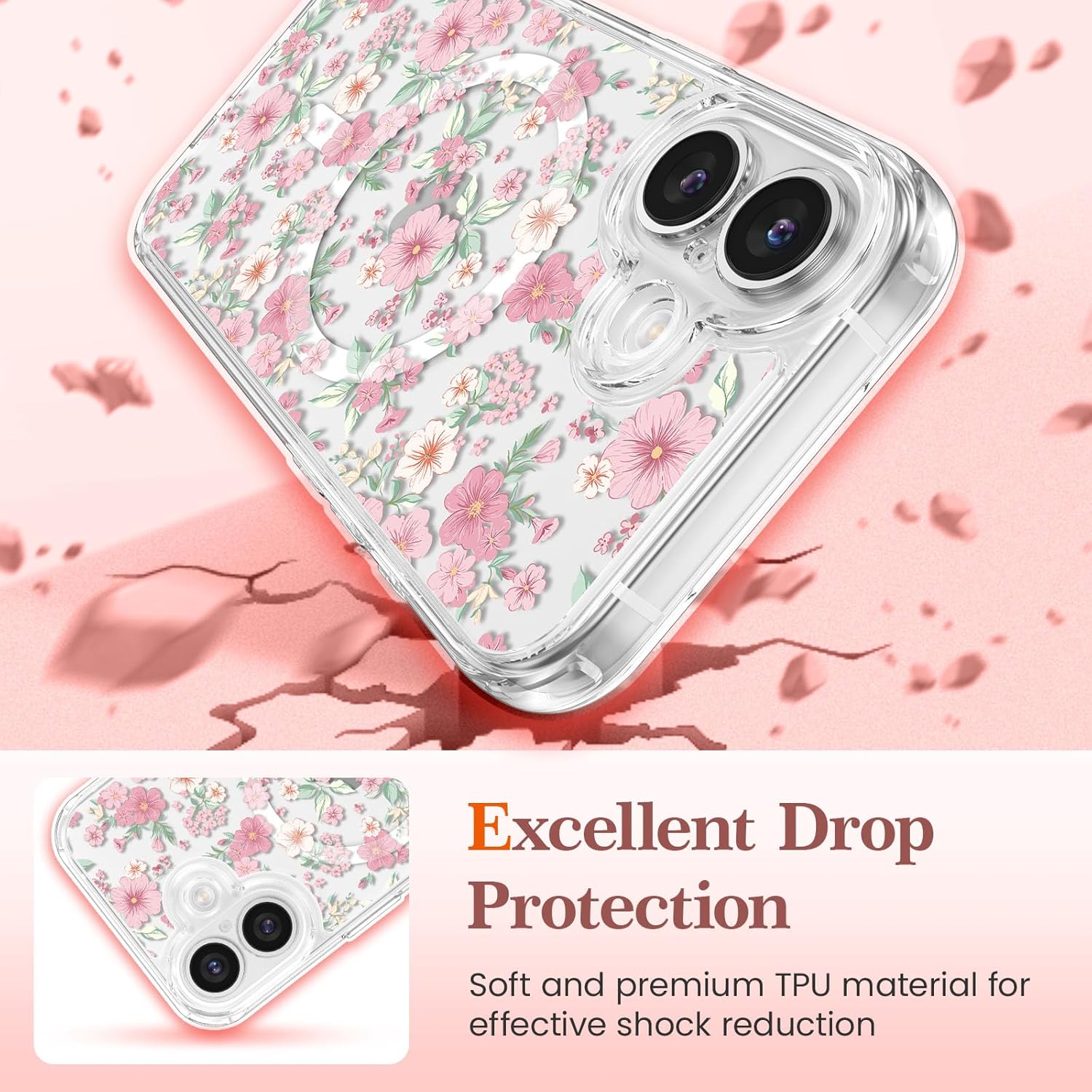 RALEAVO for iPhone 17 Case Compatible with MagSafe Clear Floral Pattern Design Cute for Girls Women Slim Magnetic Hard Back Shockproof Phone Case for iPhone 17,Pink Flowers - Image 4