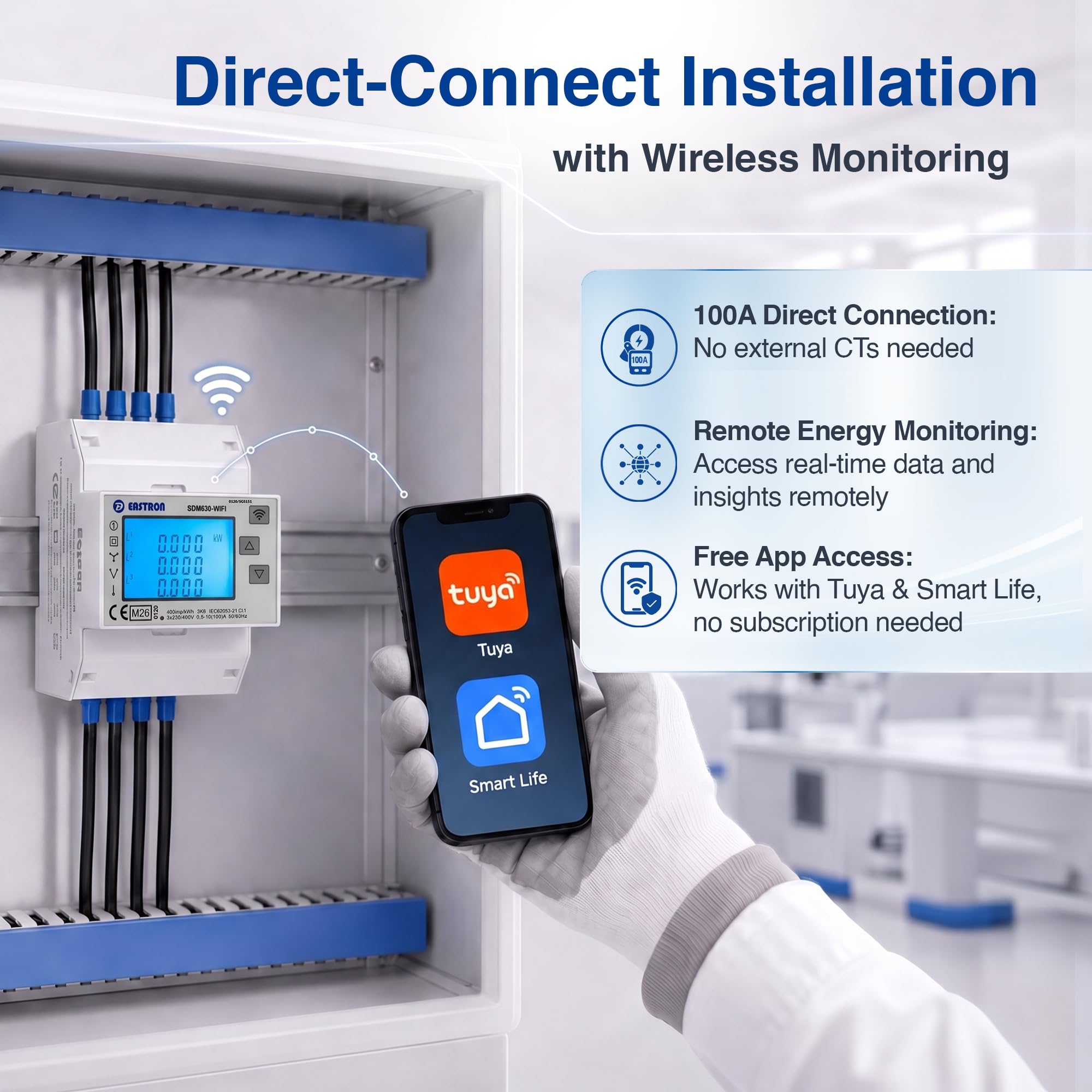 Eastron SDM630-WIFI-MID licznik energii – licznik prądu zmiennego trójfazowego 100A bezprzewodowy z Wi-Fi – odczyt zdalny przez aplikację Tuya i Smart Life, bez opłaty abonamentowej – certyfikowany
