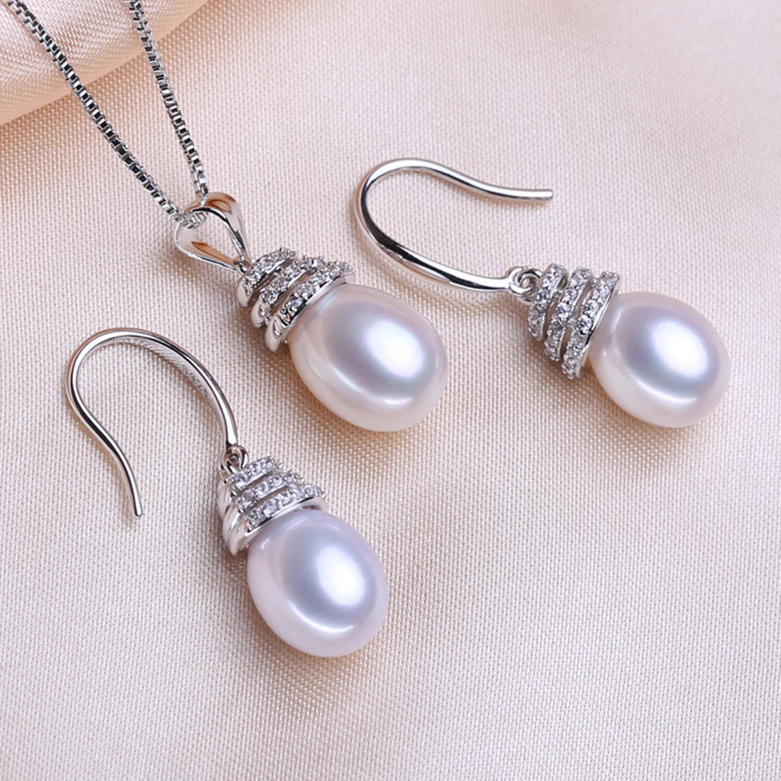 925 Sterling Silber Schmuck Sets Natürliche Perle Ohrringe Halskette Luxus Anhänger Kette Halsketten Für Frauen Ring Set