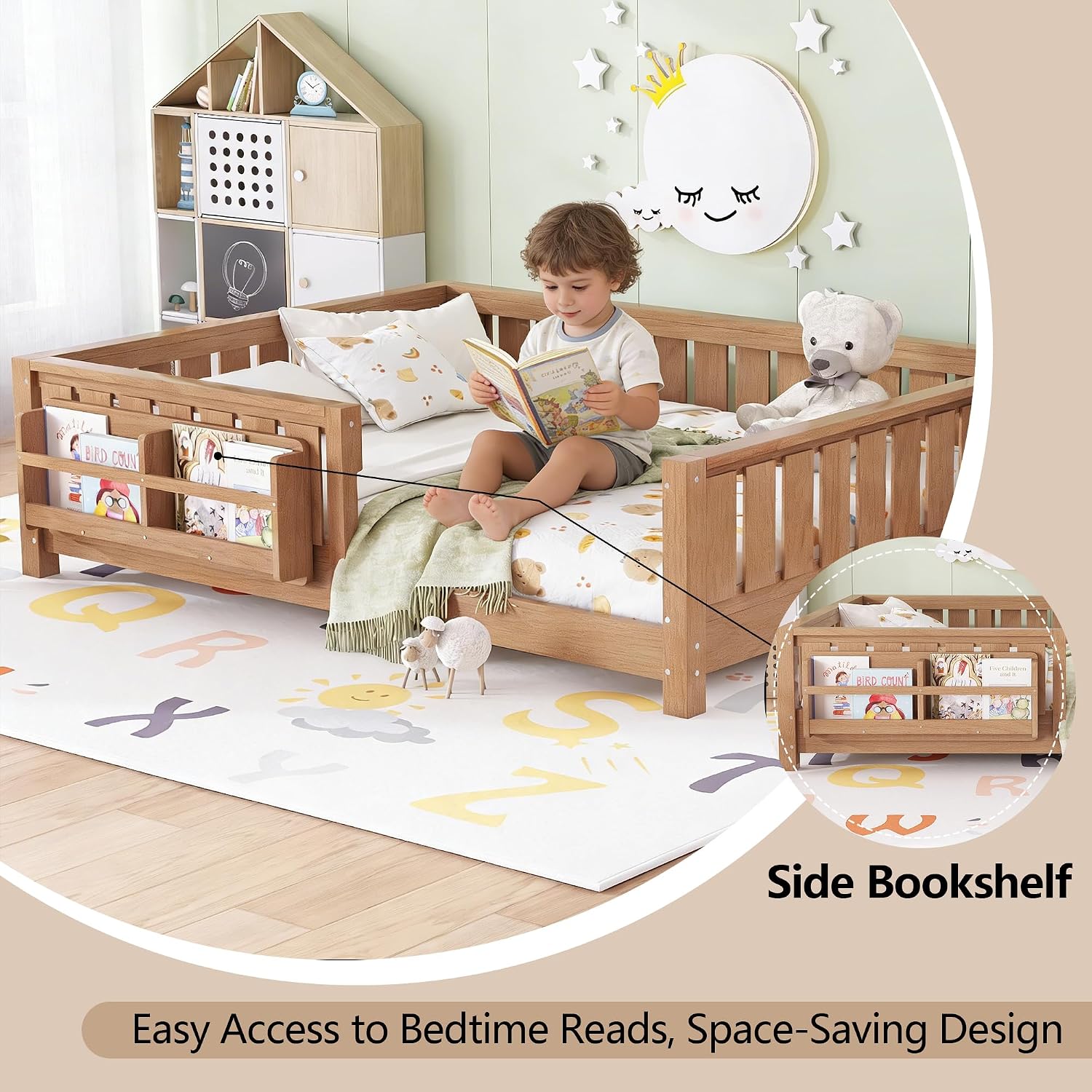 Bellemave Full Size Kids Montessori Floor Bed Frame with Bookshelf and Guardrail,Solid Wood Floor Bed Frame with Slats for Girls Boys,Low-Profile,Natural