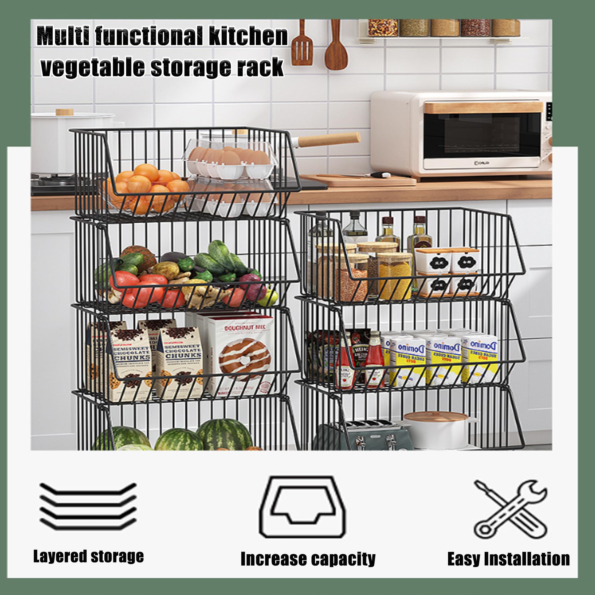 Multifunktionale Lochfreie Küche Gemüse Drei-Etagen-Aufbewahrungshalter, Stapelbar und Wand Montiert, Obst, Brot, Gemüse Rack Wand & stapelbare Lagerkörbe für Gemüse, Snacks