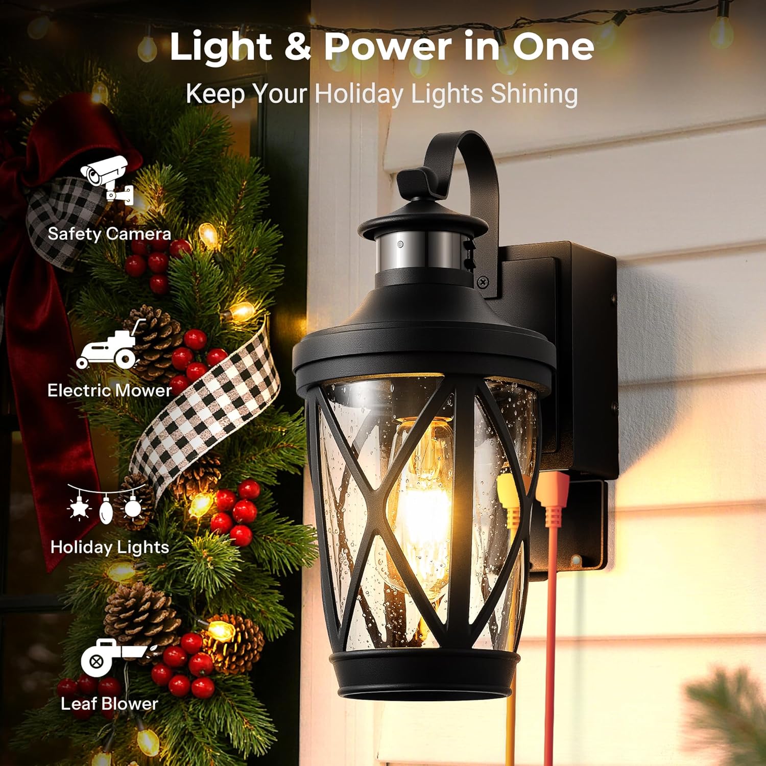Motion Sensor Outdoor Wal Light with GFCI Outlet, 2-Pack Black Exterior Lighting Fixtures with Outlet, Waterproof Outdoor Lanterns for Porch with Seed Glass, E26 Exterior Garage Sconce Lights