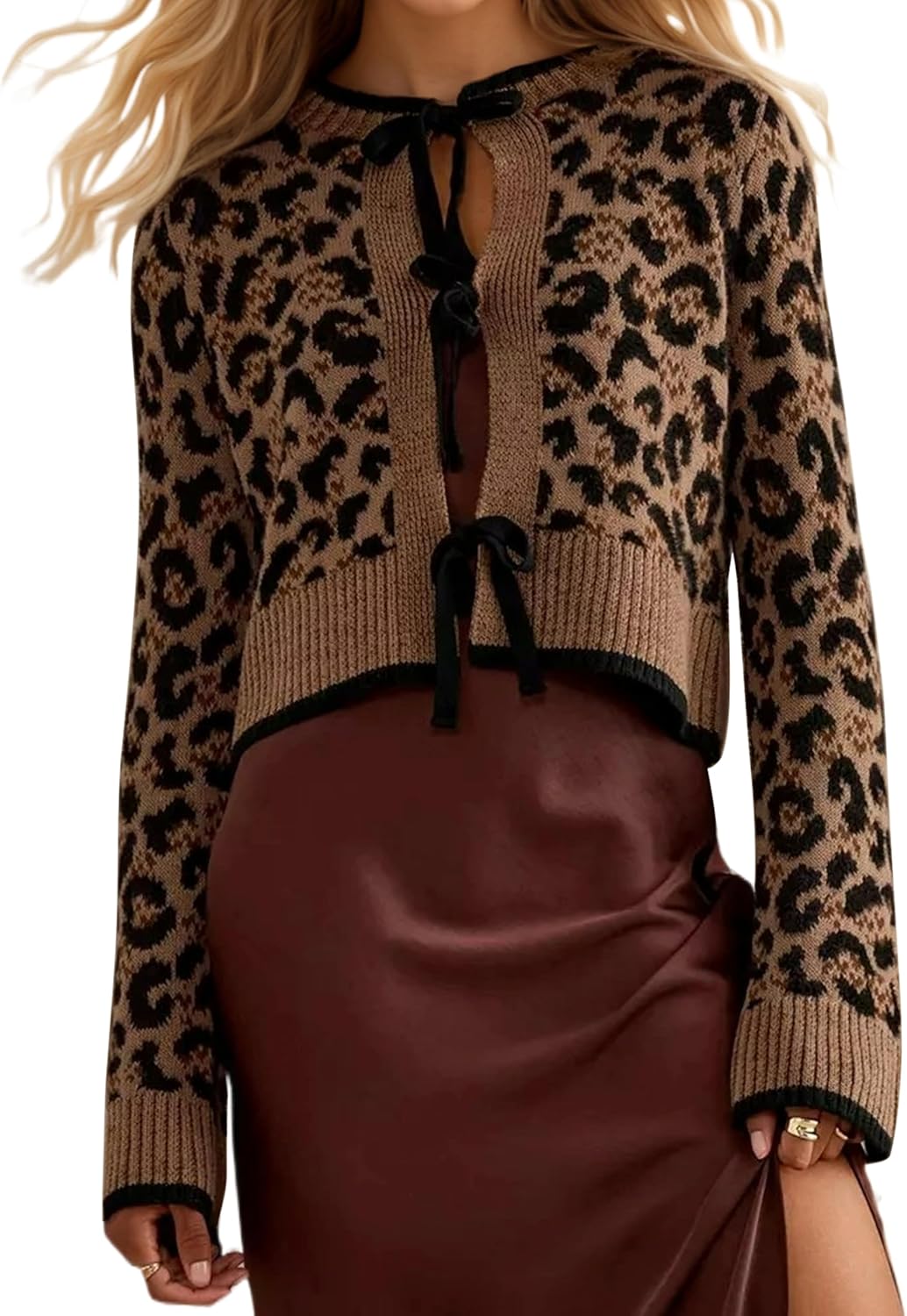 Ythomm Women Leopard Print Bow Tie Cardigan Sweaters Long Sleeve Crewneck Open Front Knit Cardigan Coats Casual Loose Outwear