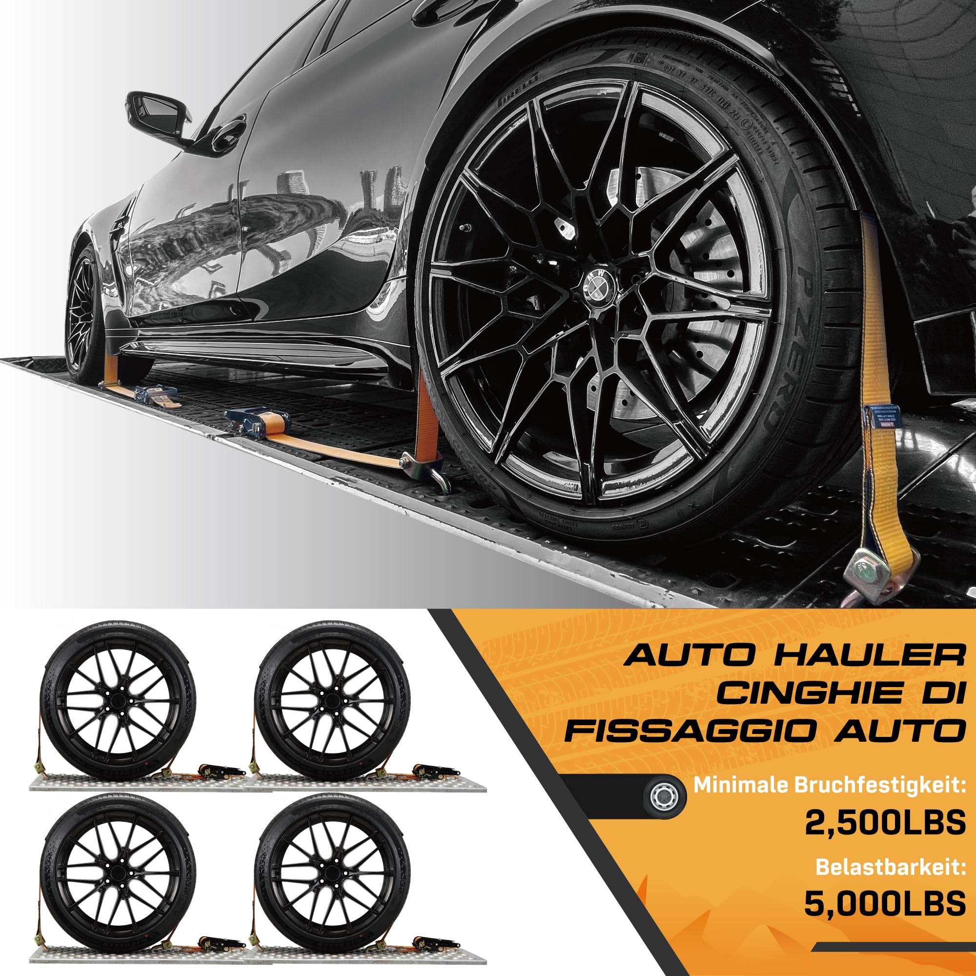 4 Cinghie per Ruote 50mm x 2.5m | Cinghia a Cricchetto 5000kg per Trasporto Veicoli | Con Cuscinetti Anti-Scorrimiento e Ganci Girevoli 360° | Certificato TÜV/GS e secondo DIN EN 12195-2