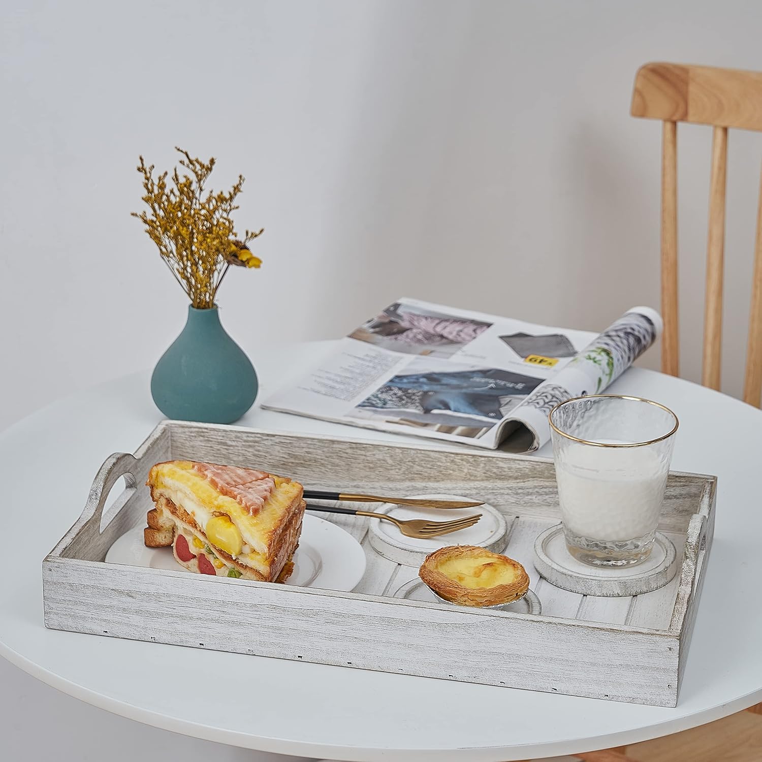 KMwares 16.5" Whitewashed Farmhouse Wooden Serving Tray with 4pcs Coaster Decorative Rustic Style Wood Trays for Coffee Table, Couch, Bed Ideal Appetizer, Food, Breakfast, Dessert, Tea