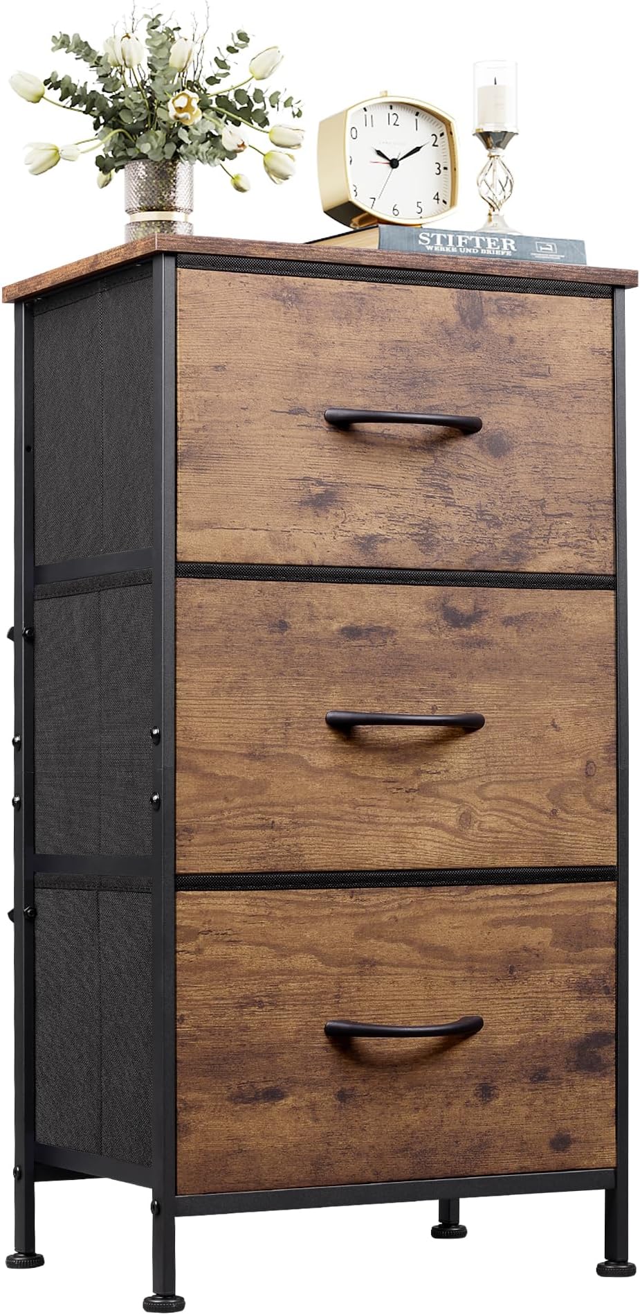 Dresser with 3 Drawers, Fabric Nightstand, Organizer Storage Dresser for Bedroom, Hallway, Entryway, Closets, Sturdy Steel Frame, Wood Top, Easy Pull Handle, Rustic Brown Wood Grain Print