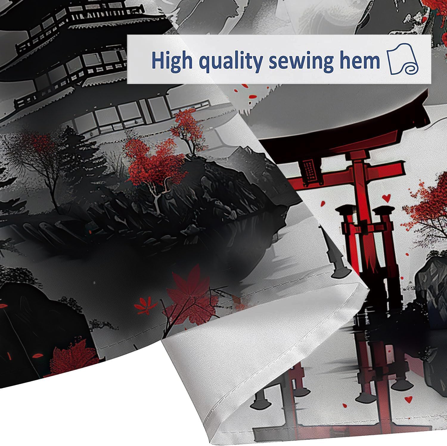 Japanese Anime Shower Curtain, Cool Watercolor Japan Cherry Blossom Floral Mountain Sun Asian Oriental Abstract Art Shower Curtain Red and Black Fabric Bathroom Decorative with 12 Hooks, 72"×84"