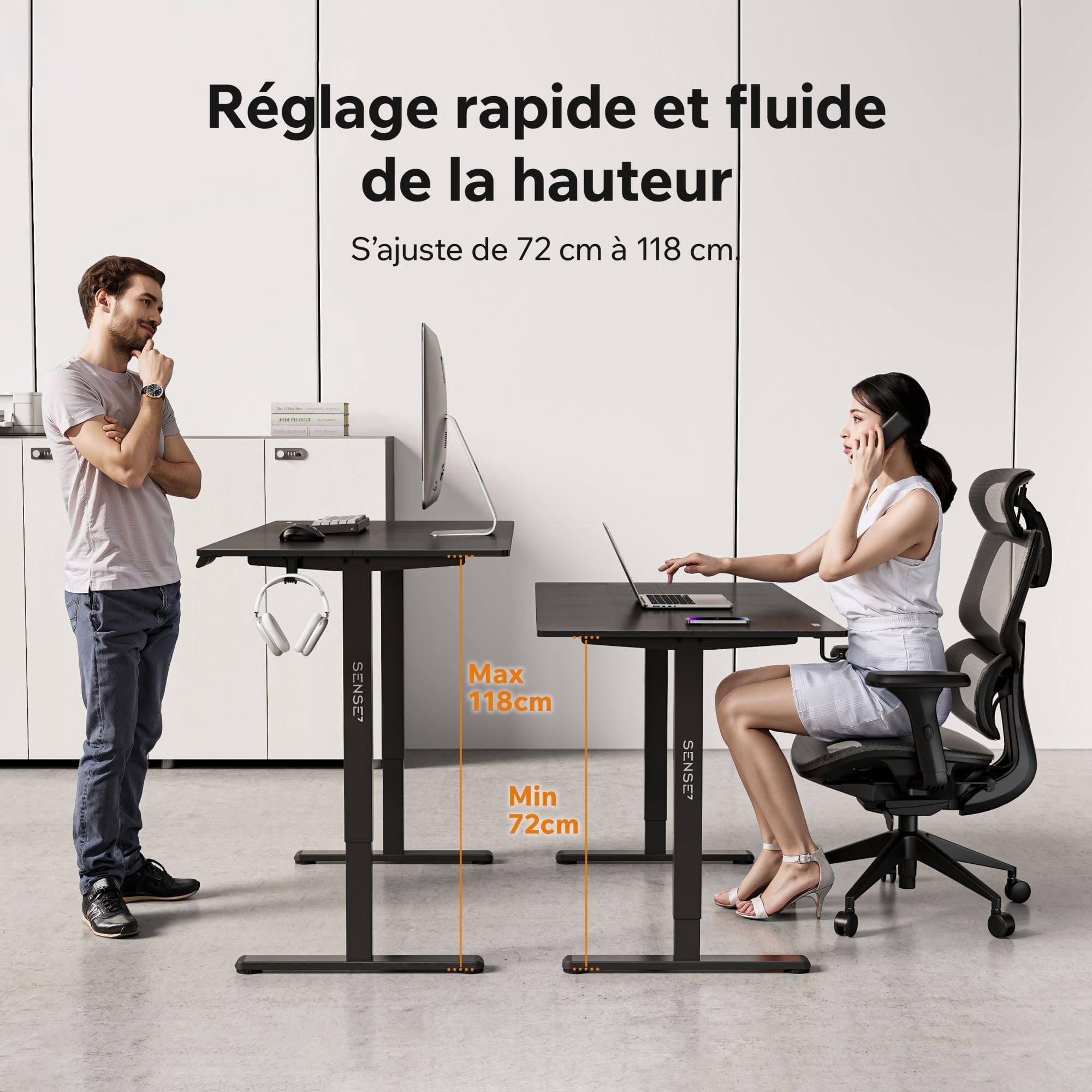 SENSE7 Bureau Gaming électrique 140x70cm Noir Moteur Silencieux 70kg