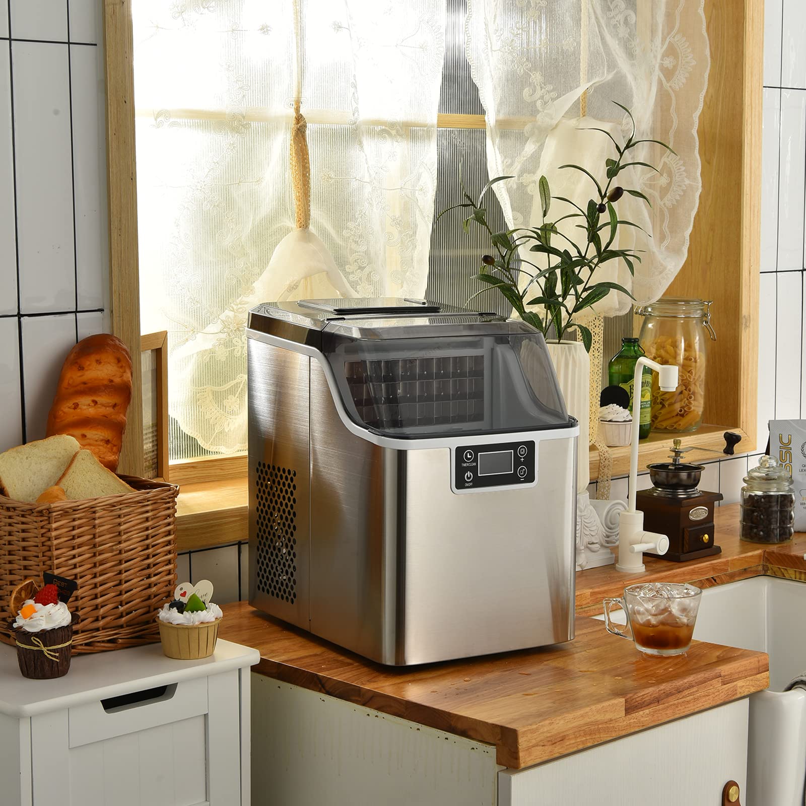 RELAX4LIFE Máquina de Cubitos de Hielo 3,2L 18kg/24H de Acero Inoxidable con Autolimpieza y Temporizador 1-24H, Ice Maker con Pala, Pantalla LCD y Tapa Transparente, Plateado