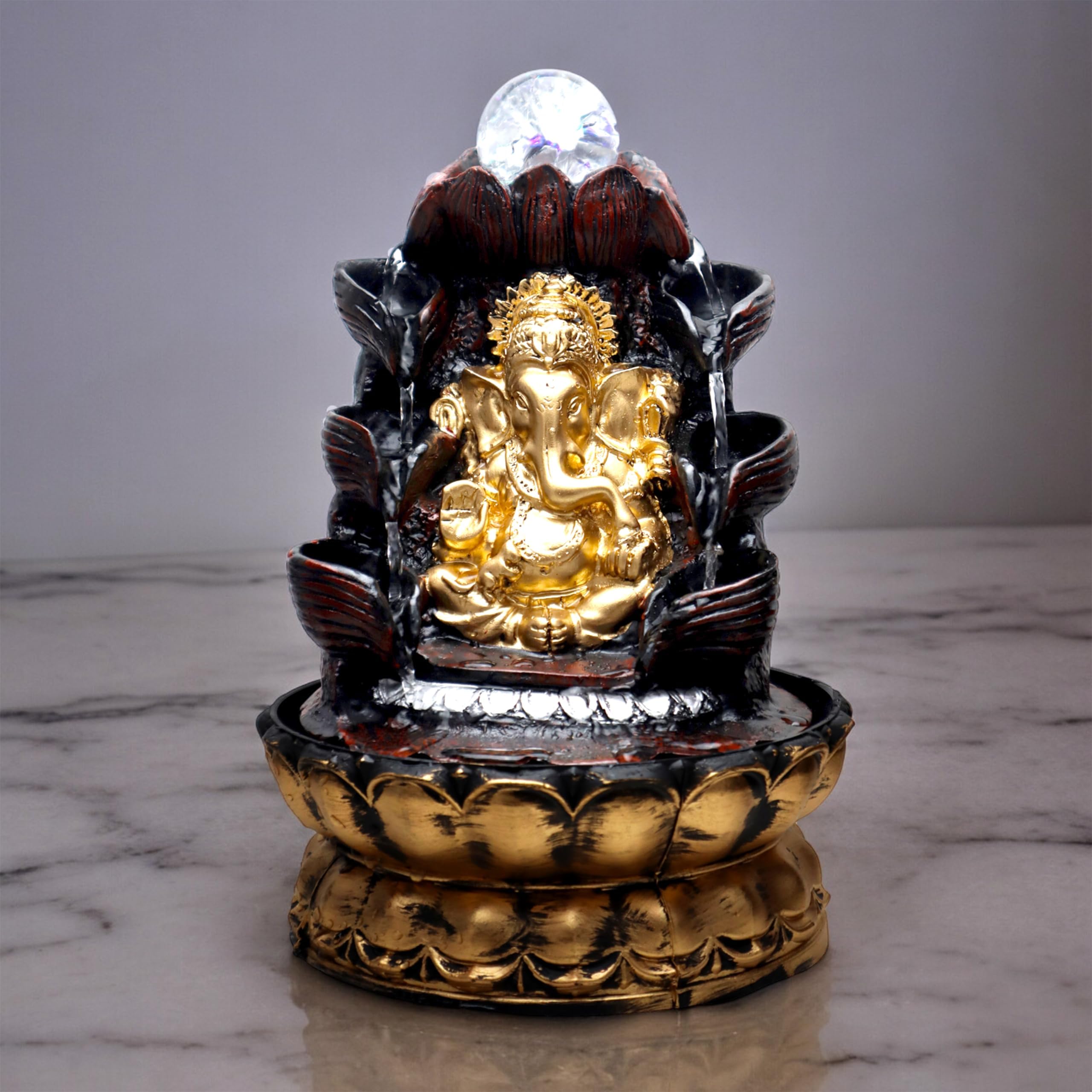 Polyresin Table Top Indoor Outdoor Water Fall Fountain with Crystal Ball & LED Lights for Home Decor, Decoration Gift, Gifting Items (Lord Ganesha)