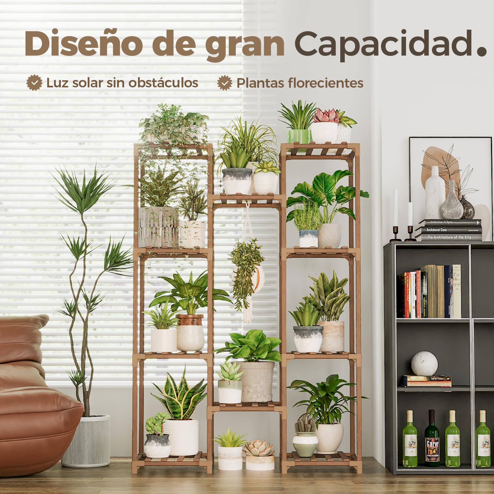 Bamworld Soporte para Plantas Estantería para Plantas de Exterior e Interior Estante para Colgar Varias Plantas, Jardinera Alta de Madera para Salón, Patio, Balcón, Jardín, Marrón