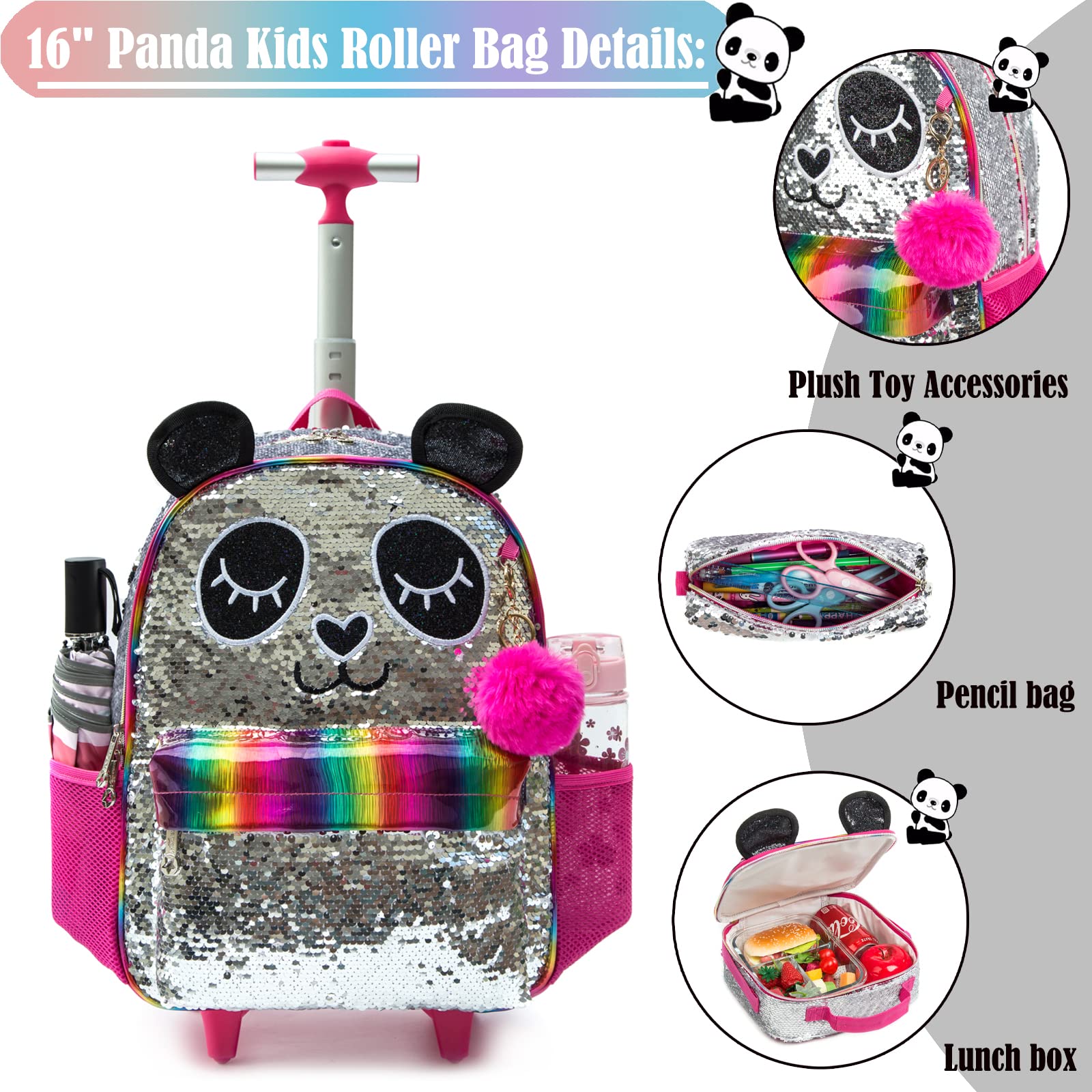 Mochilas Escolares con Ruedas Para Niñas,3PCS Mochila Carro Bolsa del Almuerzo y Estuche de Lápices Bolsos Escolares Para Chicas,16" Maleta Niños con Ruedas de Sirena Morada para Niñas con Lentejuelas