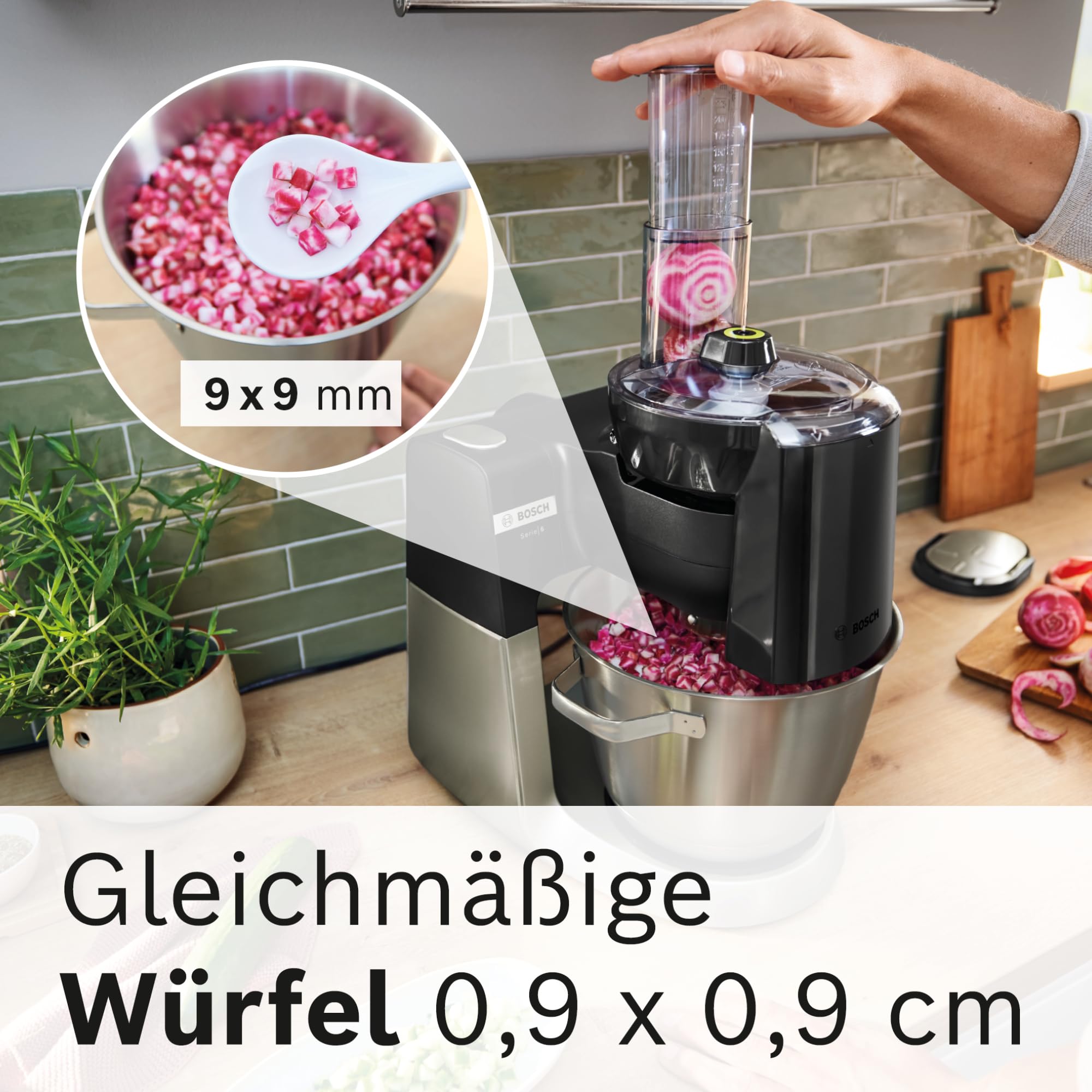 Bosch Würfelschneider MUZS68CC, Zubehör passend für Küchenmaschine Serie 6, Serie 8, OptiMUM, gleichmäßige Würfel, Würfeleinsatz 9 mm, inklusive Gitterreiniger