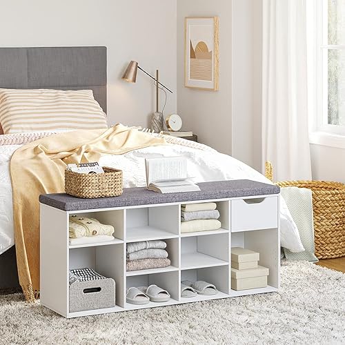 Miniatura 15 de DINZI LVJ Banco de zapatos, banco de almacenamiento de entrada con cajón y 8 cubículos, estantes ajustables, organizador de zapatos para sala de