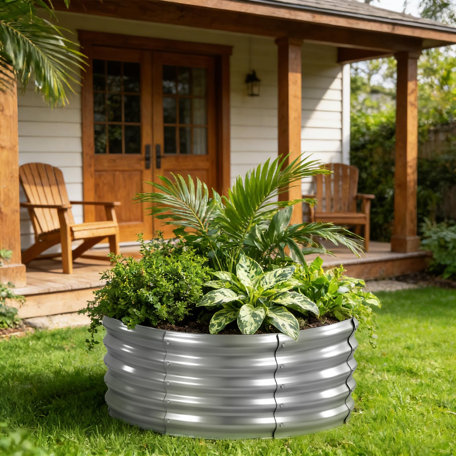 Bancal de jardín de Metal 90 x 90 x 43 cm, bancales elevados de Acero galvanizado para el jardín, bancal de huerto, bancal Elevado para Verduras, Hierbas, Flores, Plateado, Redondo