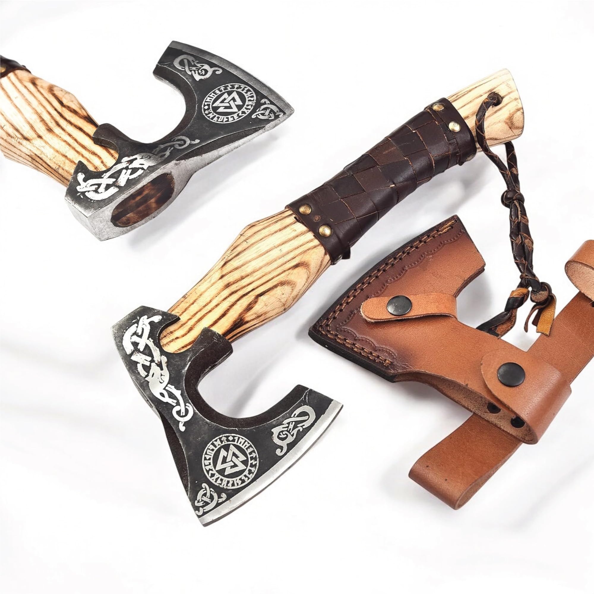 Viking Axe Ashwood Handle Handmade Carbon Steel Blade, Outdoor Camping Hunting, Norse Hatchets Axes, with Black Leather Wrapped Handle & Leather Sheath Wood Splitting Axes