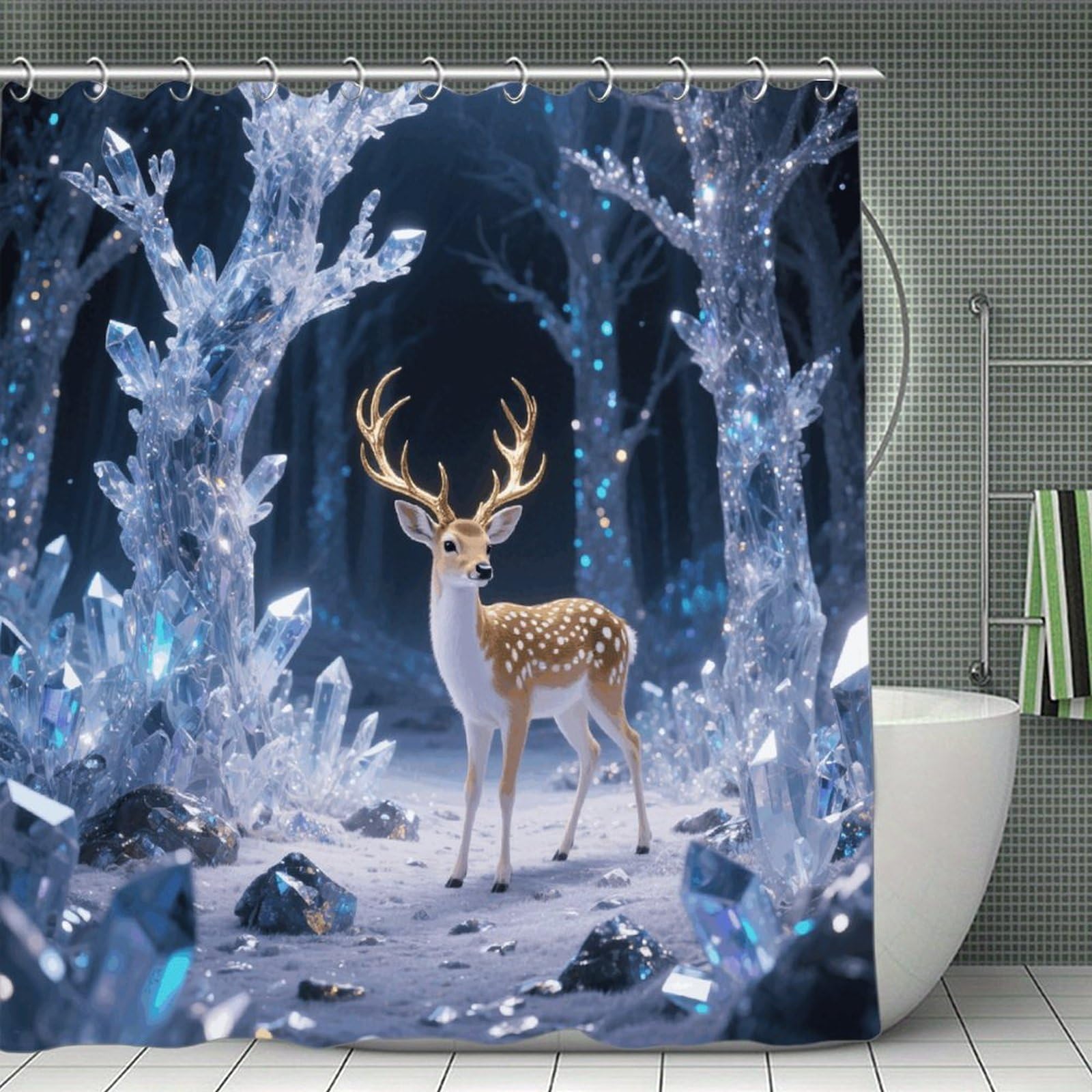 VstaDank Deer in Crystal Forest Shower Curtain Waterproof Bathroom Shower Curtain with C Type Hooks Soft Lightweight Shower Curtains Liner Washable Polyester Cloth Shower Liner 71x71 Inch