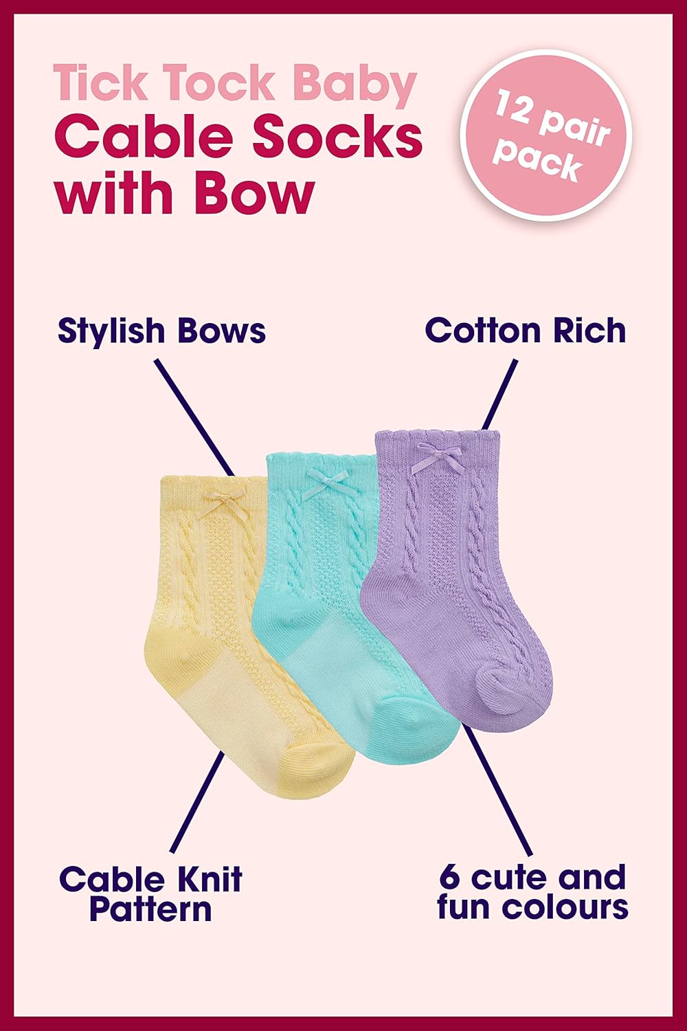Sock Snob 12 Pairs Baby Socks with Bows Novelty Cotton Crew Knit Cable Socks