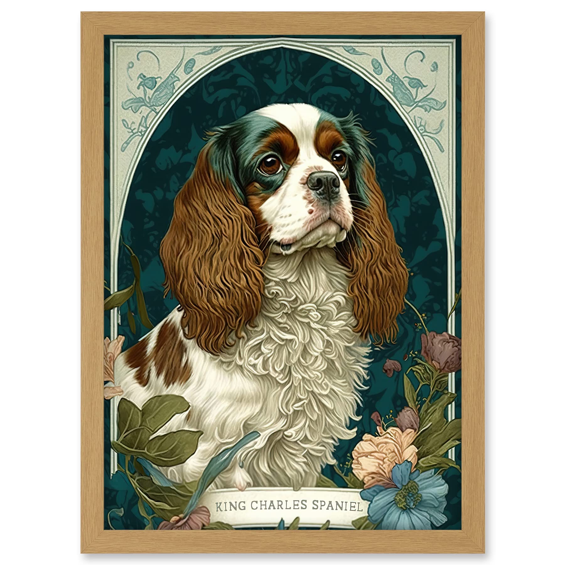 Artery8 King Charles Spaniel Dog with Flower Blooms Modern Art Nouveau Illustration Artwork Framed A3 Wall Art Print
