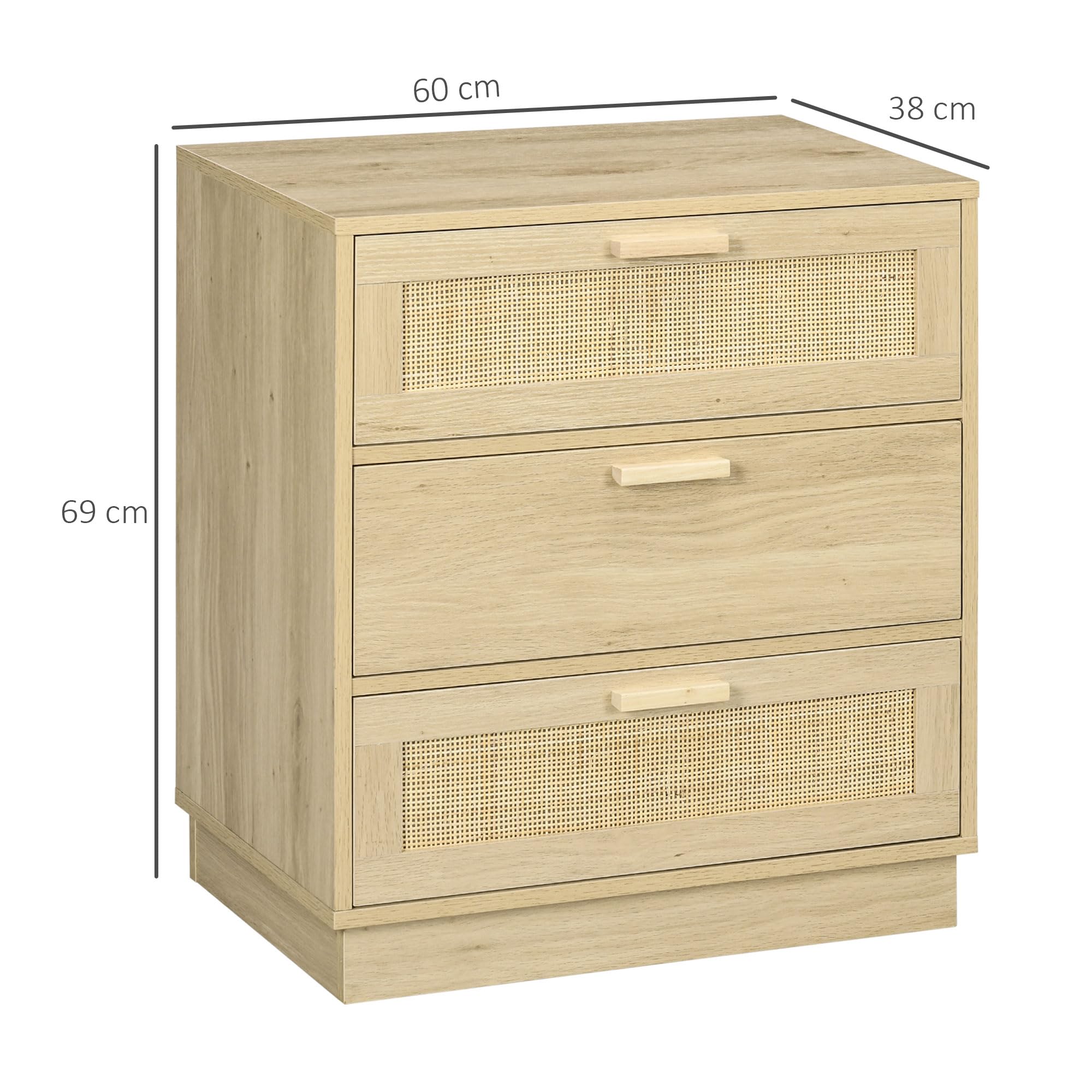 HOMCOM Cómoda de Noche con Cajones de Rejilla de Ratán Cómoda de Dormitorio Estilo Bohemio Antivuelco para Sala 60x38x69 cm Natural