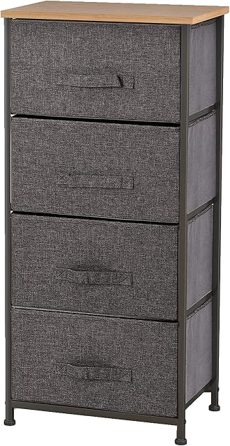 Meerveil Chest of Drawers Bedroom, Fabric Storage Drawers Tower, 4 Drawers Storage with Wood Top, Hallway Storage Unit, Bedroom, Living Room, Nursery, Grey