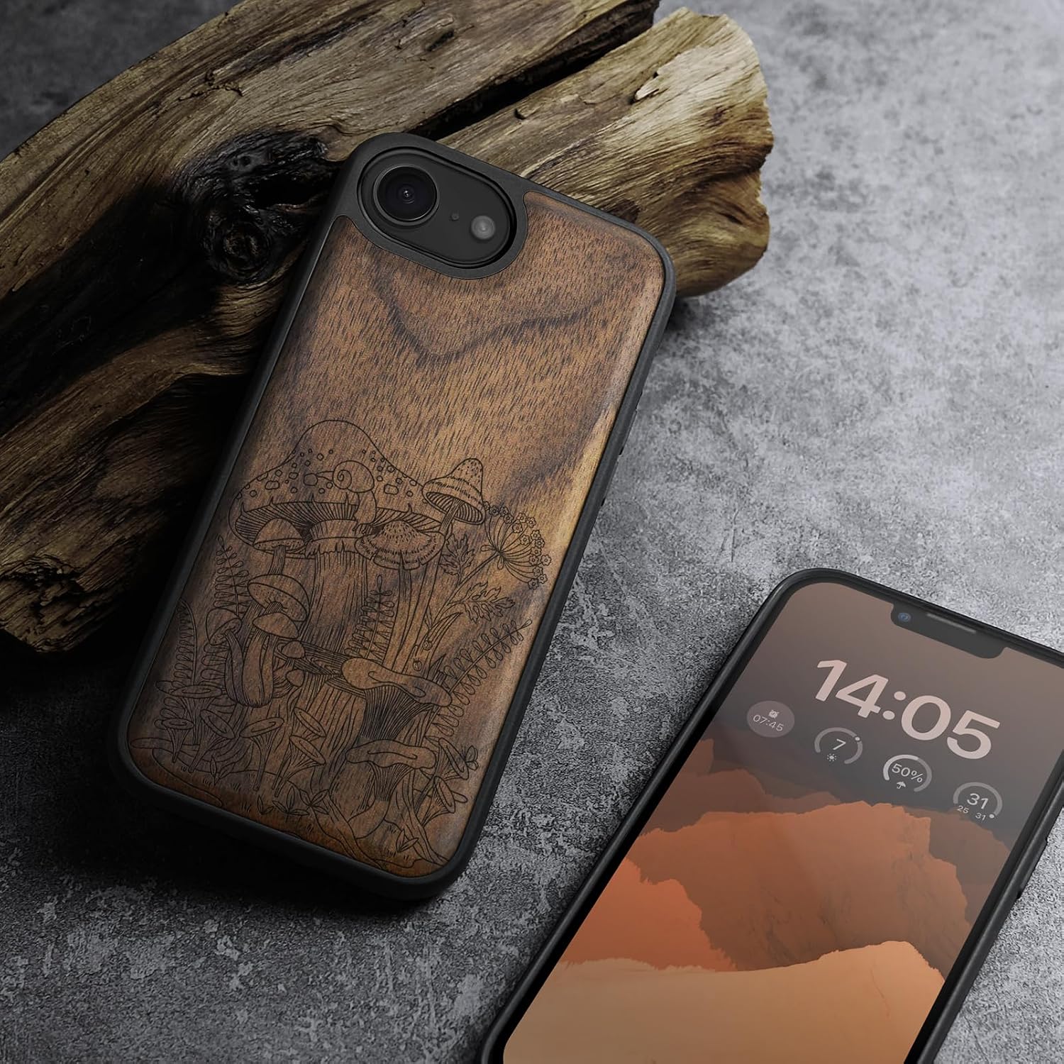 Carveit Magnetic Wooden Case for iPhone 16e / 17e, Solid Wood & Black TPU, Artisan Engraved Design, Shockproof Cover, Compatible with MagSafe Wireless Chargers, Vintage Mushrooms - Walnut