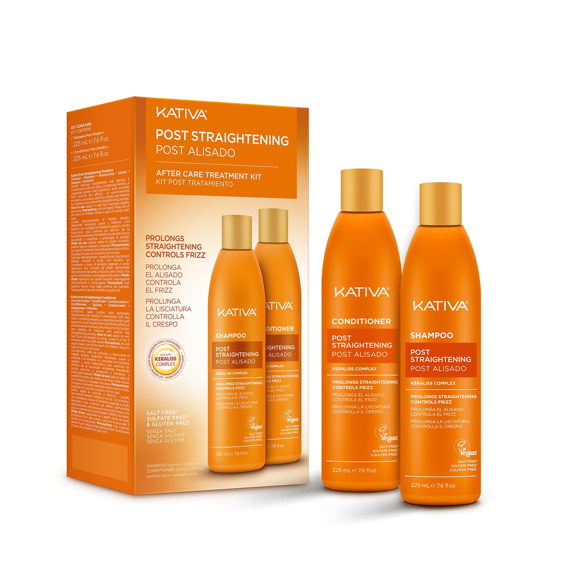 Kativa Post-Straightening Hair Care Kit – Salt-Free Shampoo & Conditioner with Vegetal Keratin & Hyaluronic Acid – Helps Prolong Straightening up to 18 Weeks* - 7.6 Fl Oz Each