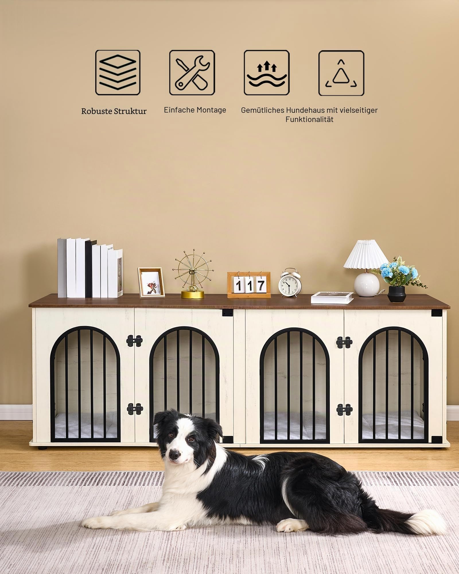 Hzuaneri 180 cm Hundekäfig Möbel für 2 Hunde, Doppel-Hundebox mit Kissen, Hundebox aus Holz mit Trennwand, Hundekäfig-Beistelltisch, TV-Ständer-Design für Mittlere/Große Hunde, Weiß Braun DFC91914B