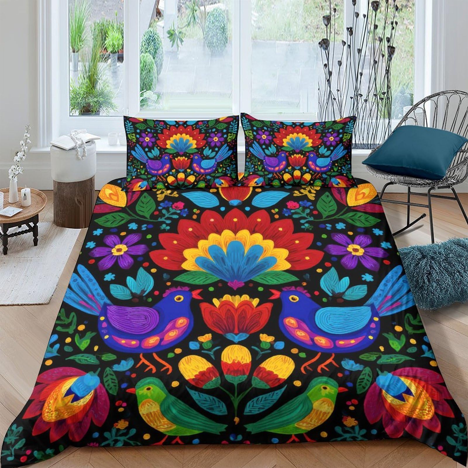 Ctjqhvkz Style-1 3D Printed Folk Art Bird Floral Fitted Sheet Microfiber Colourful Mattress Cover Bedroom Decor Protection Single（135X200cm）