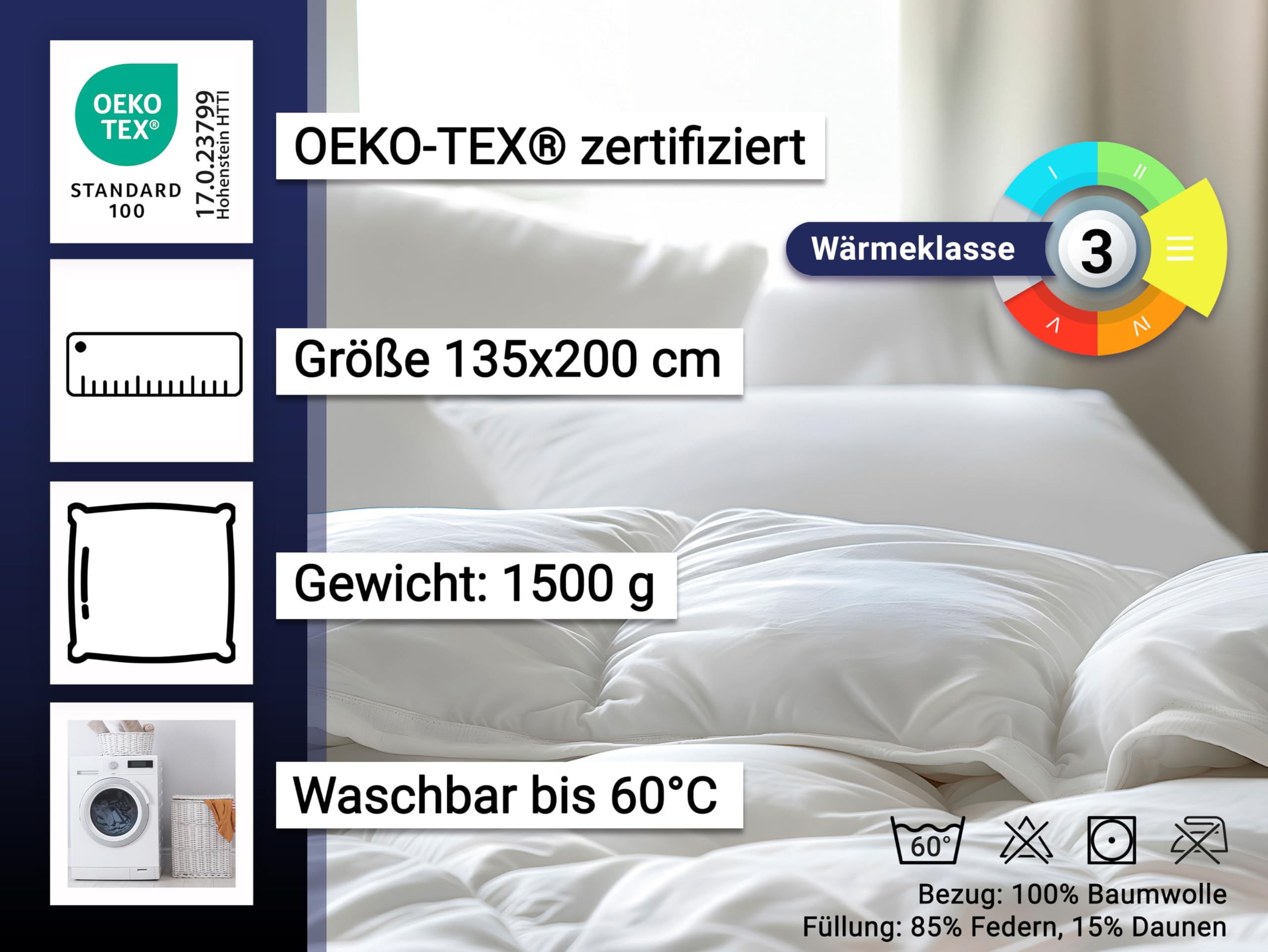 ZOLLNER Bettdecke 100% Baumwolle, Füllung aus 85% Federn und 15% Daunen, 135x200 cm, weiß