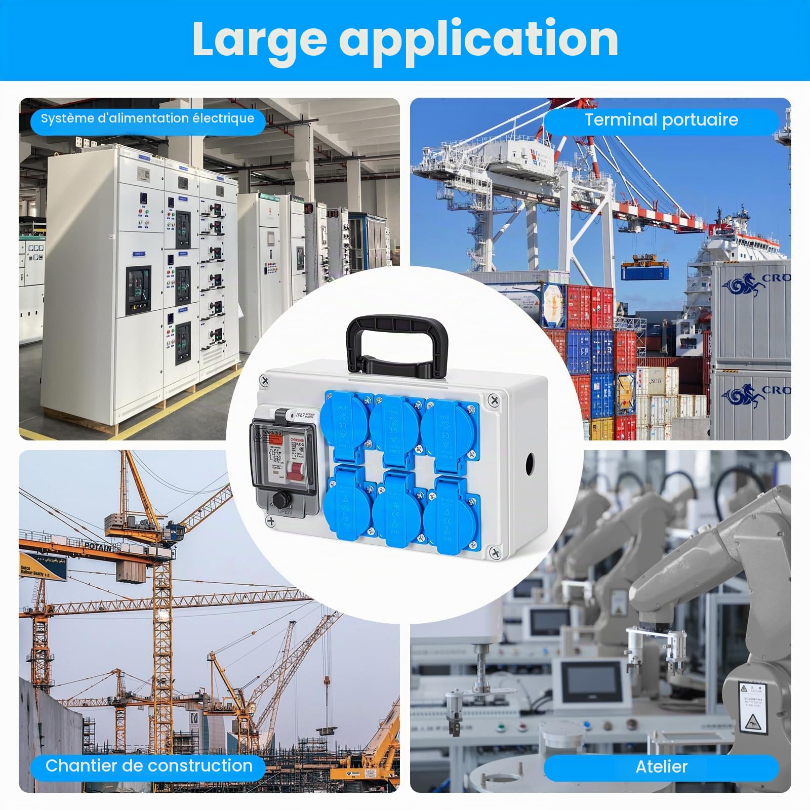 Coffret de chantier 16A IP67 avec 6 prises Schuko & interrupteur différentiel 30mA, Boîtier de distribution électrique 230V, Réglette étanche murale avec disjoncteur de protection