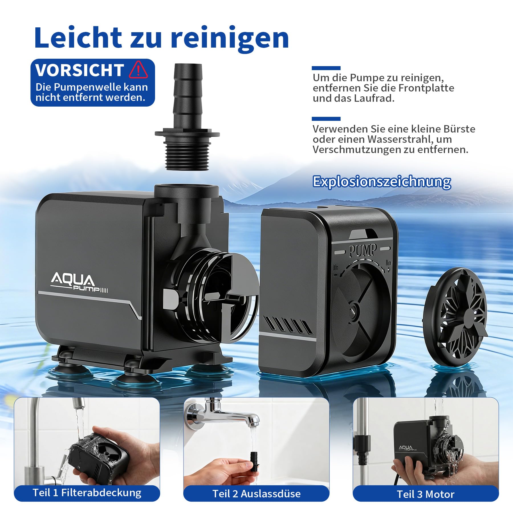 LED Mini Aquarium Wasserpumpe 40W 3000L/H Schutz vor überhitzung Leise Springbrunnenpumpe mit bunten Lichtern für Aquarien Fischtank, kleine Teichpumpe Förderhöhe 3m mit 1,6m Kabel & 3 Düsen