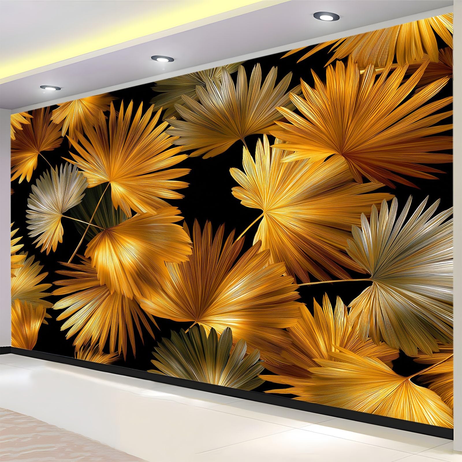 Générique Panoramiczna tapeta botaniczne liście palmowe minimalizm rośliny 350 x 256 cm, gobelin ścienny tapeta - dekoracja ścienna do salonu korytarz włóknina złota tapeta
