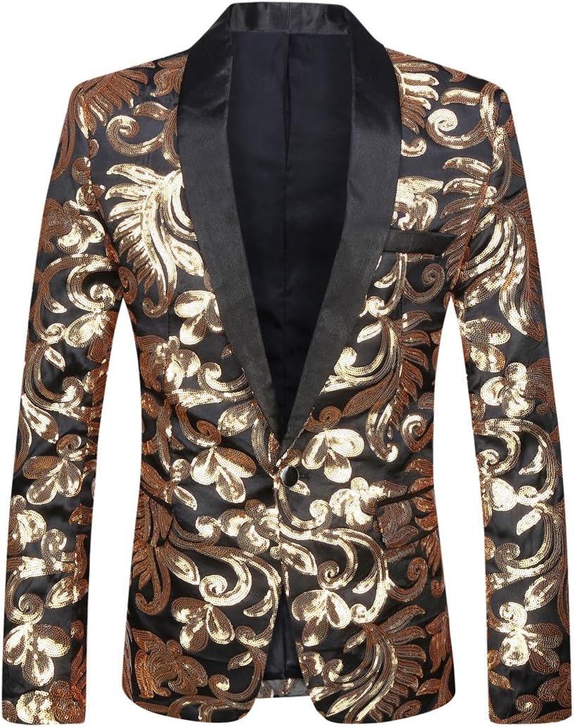 Men Stylish Satin Face Sequins Floral Pattern Suit Jacket Blazer