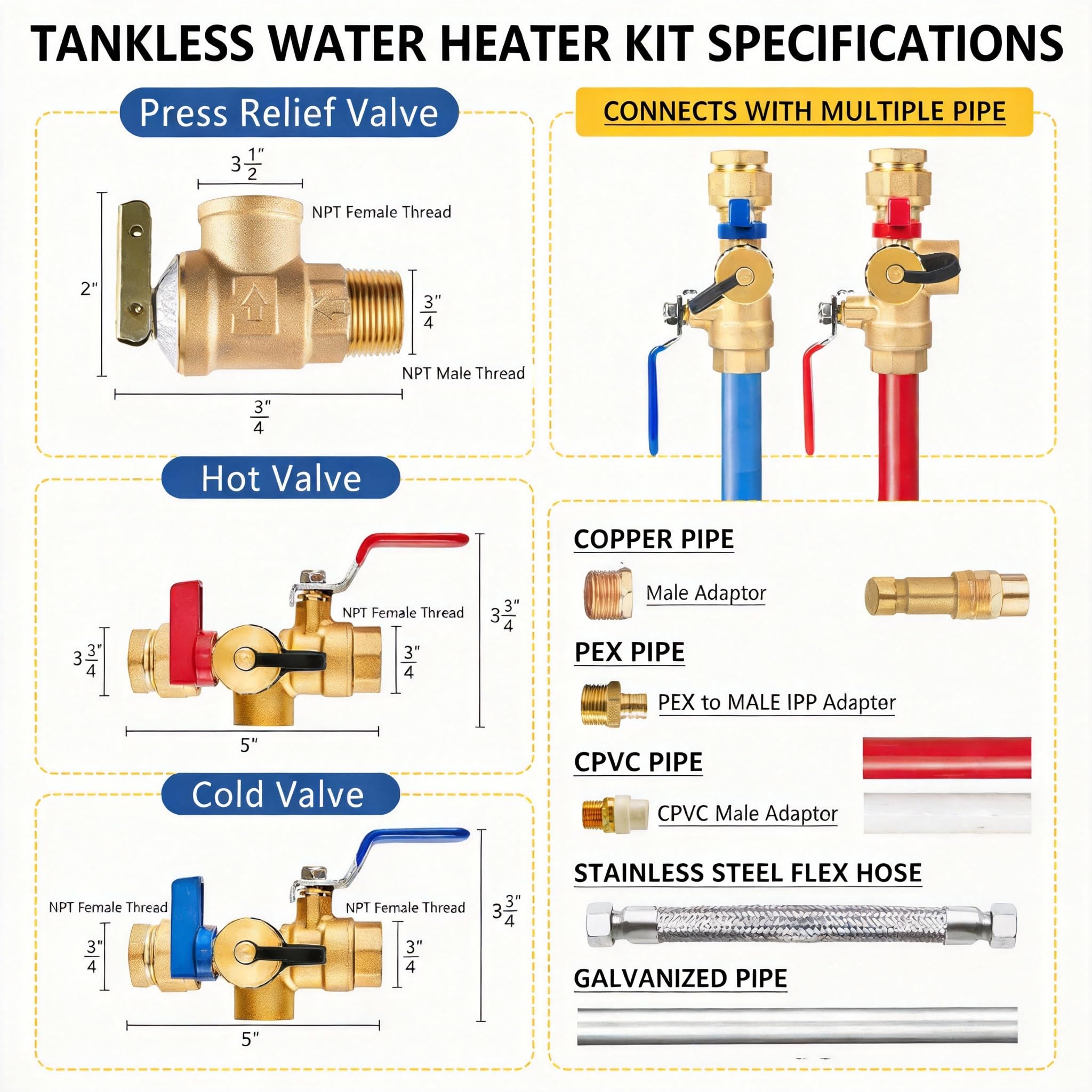 VANCOCO Kit di lavaggio per scaldabagno senza serbatoio con valvola limitatrice di pressione, in ottone caldo e freddo, adatto per connessioni IPS da 3/4"