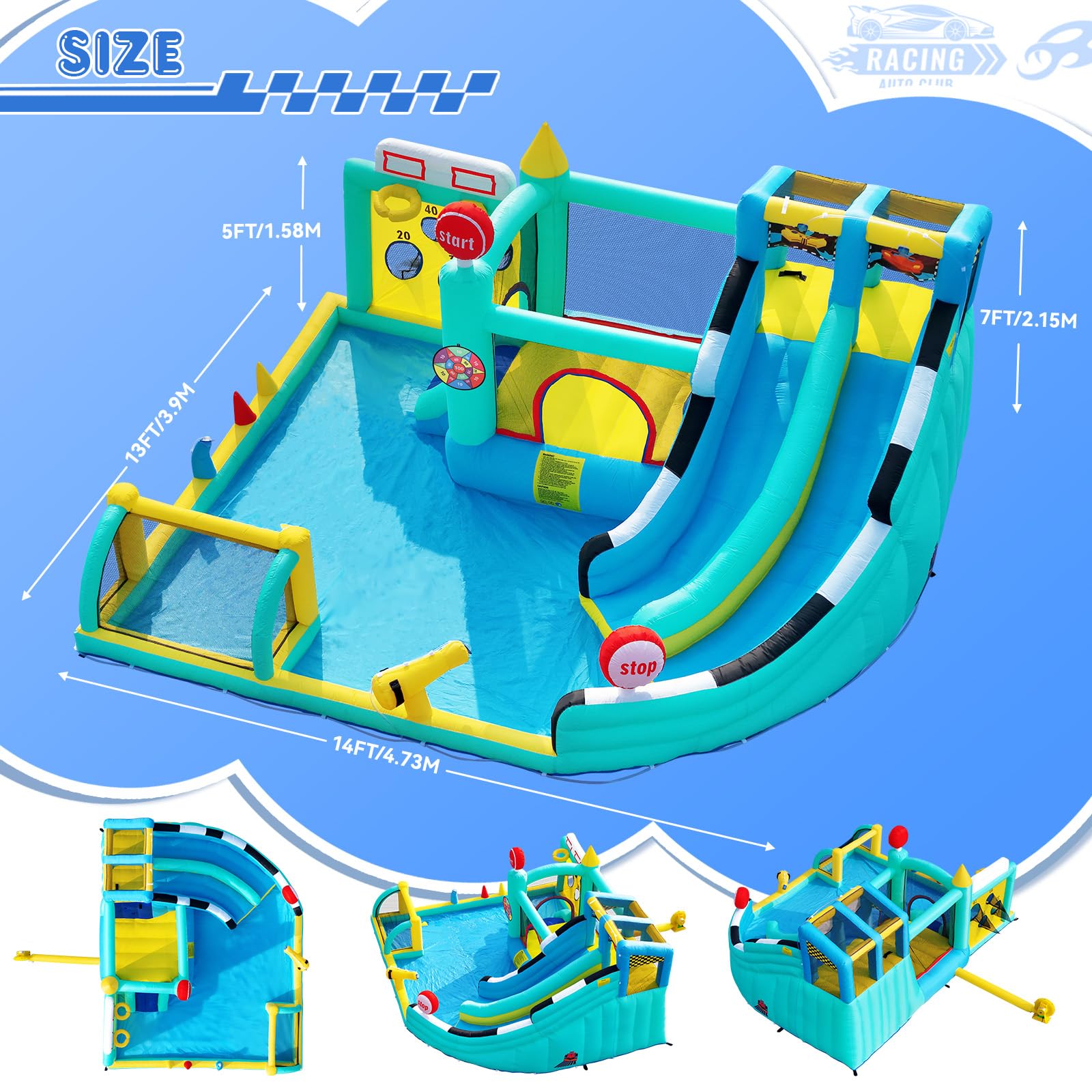 Castillo Hinchable Grande con Tobogán de Agua y Soplador, para Niños con Trampolín, Rocódromos, Baloncesto, Piscina, Peso 225 kg, para 4 Niños de 3 a 10 Años, 470×400×220 cm