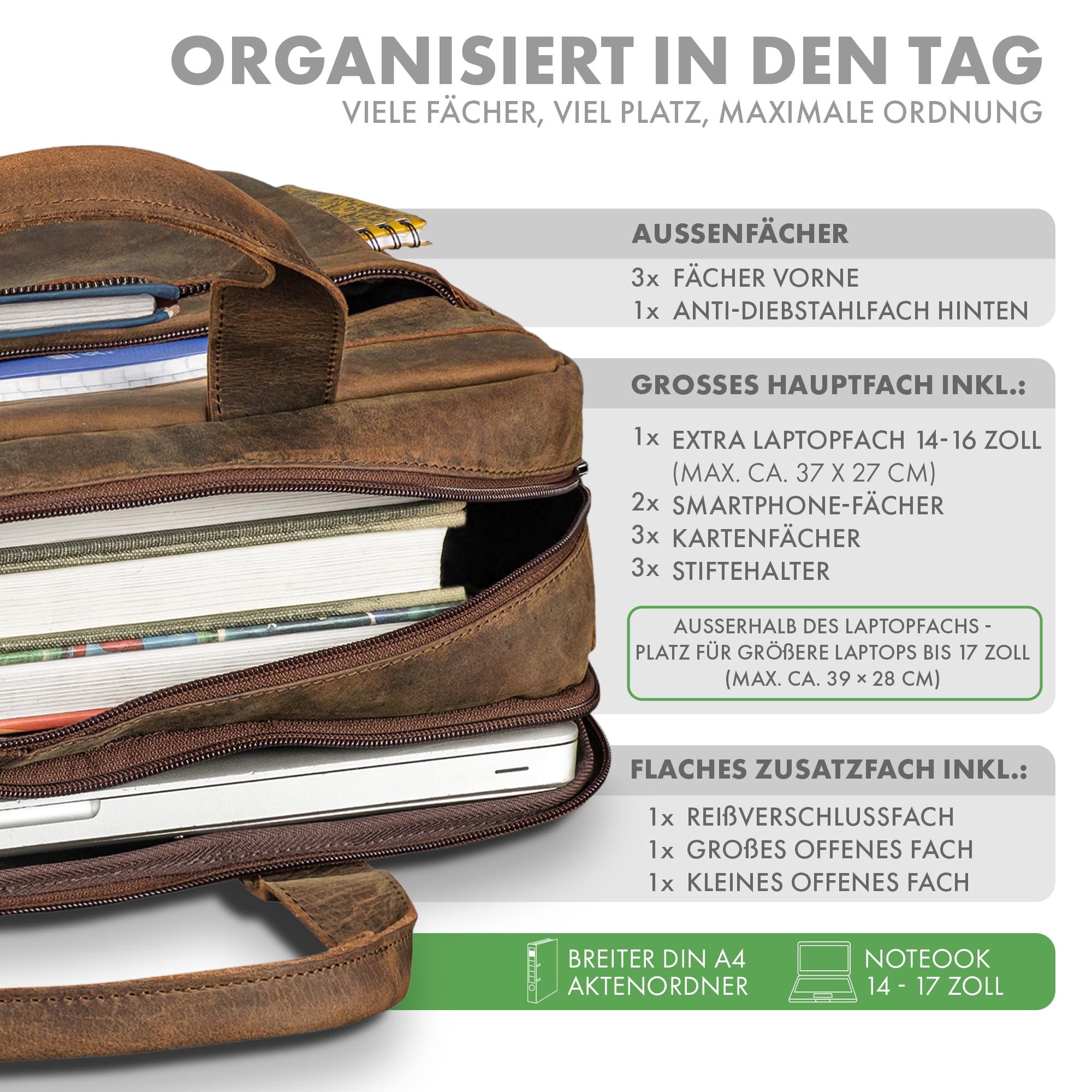 ROYALZ "Boston Aktentasche Herren Leder Business - Laptoptasche 14-17 Zoll aus Echtleder Umhängetasche Männertasche für Arbeit Alltag Reisen - Vintage Design Ledertasche;Farbe:Ohio Braun