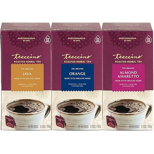 Teeccino Java, Orange Almond Amaretto - Té de hierbas tostado sin cafeína y prebiótico para energía natural, 25 bolsas de té (paquete de 3)