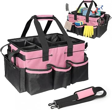Foldable Cleaning Caddy with Handle - Large Cleaning Caddy Bag | Cleaning Caddy with Adjustable Strap & Removable Dividers, Multi Pocket Cleaning Bag Organiser for Home, Office