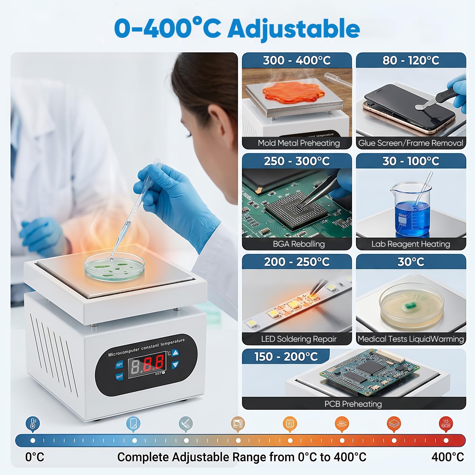 Station de Chauffage PCB, 400°C Réglable Plaque Chauffante avec Écran Numérique et Protection Anti-brûlure Plaque Aluminium à Chauffage Rapide et Régulation Thermique