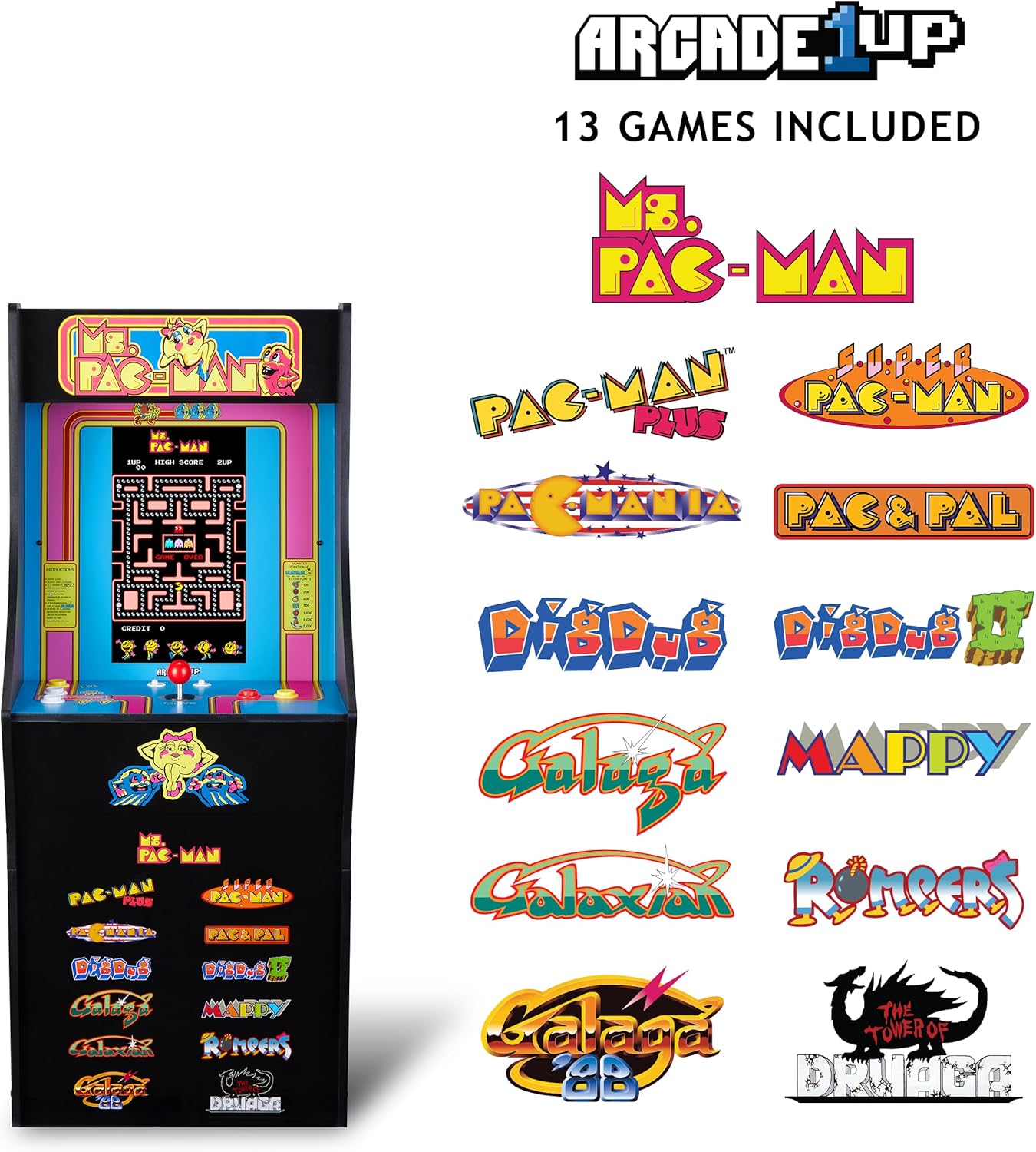 Arcade1Up Ms. Pac-Man Classic SE Arcade Machine with 13 games listed